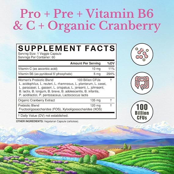 Vitalitown Women's Probiotics | 100 Billion CFUs 18 Strains | Prebiotics, VC & B6, Cranberry | Shelf Stable | Vaginal, Urinary, Digestive & Mood Support | 60 Vegan Caps
