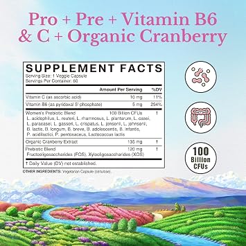 Vitalitown Women's Probiotics | 100 Billion CFUs 18 Strains | Prebiotics, VC & B6, Cranberry | Shelf Stable | Vaginal, Urinary, Digestive & Mood Support | 60 Vegan Caps