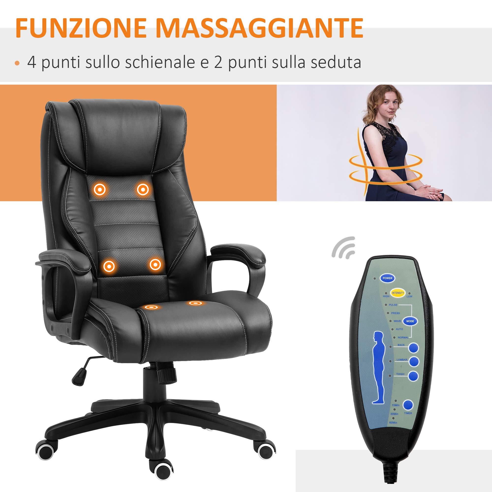 Vinsetto Poltrona Massaggiante da Ufficio 6 Punti 66x78x112-120 cm, Nera