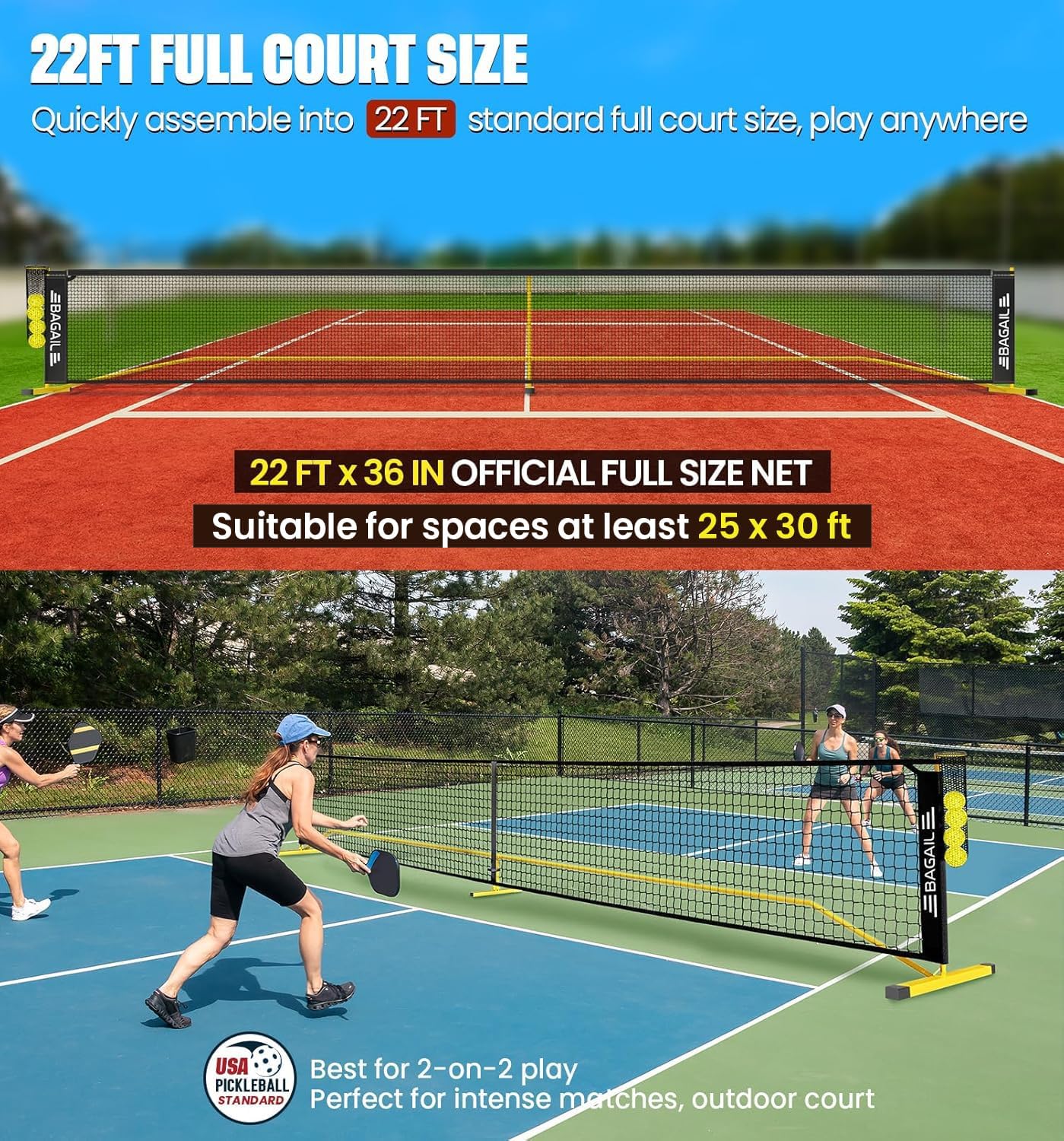BAGAIL Portable Pickleball Net Set, 22 FT Regulation Size Pickle Ball Net with Ball Collector, 4 Balls and Carry Bag, Easy Setup for Outdoor Indoor Driveway Yellow + Black 22FT Net
