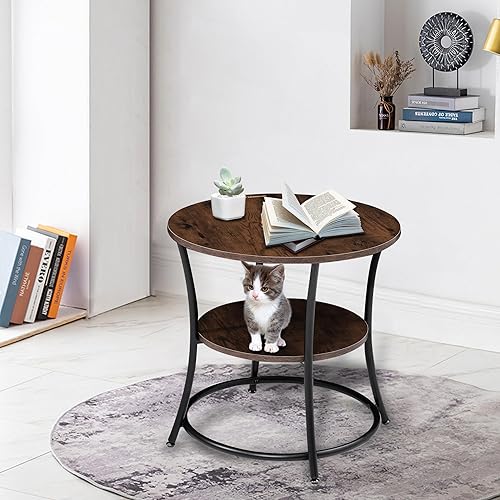 Miniatura 2 de BETTAHOME BT023 - Mesa auxiliar redonda de 2 niveles, mesa auxiliar con estante para sofá, ideal para sala de estar, marrón rústico y negro