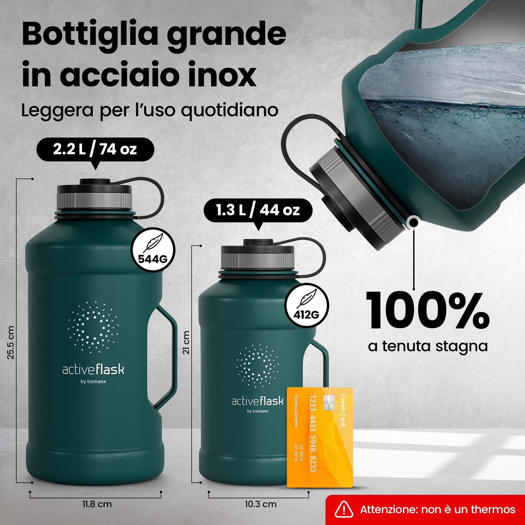 Borraccia in acciaio inox Active Flask + cannuccia (3 tappi) | 1,3/2,2 litri bottiglia sportiva senza BPA a prova di perdite per bibite gassate, 2l XL bottiglie Sport Outdoor Palestra Acqua