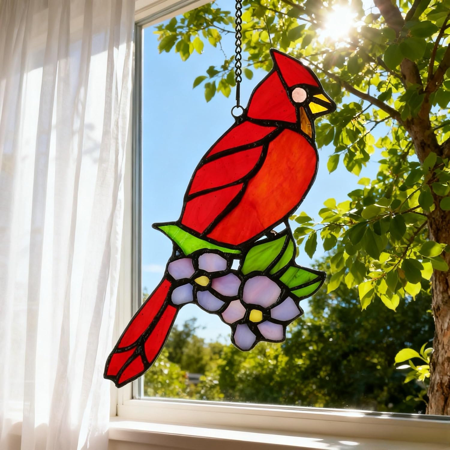Cardinal Bird and Dogwood Stained Glass Window Panels Hangings Handcrafted Suncatcher Ornament 8.5" x 3.9"