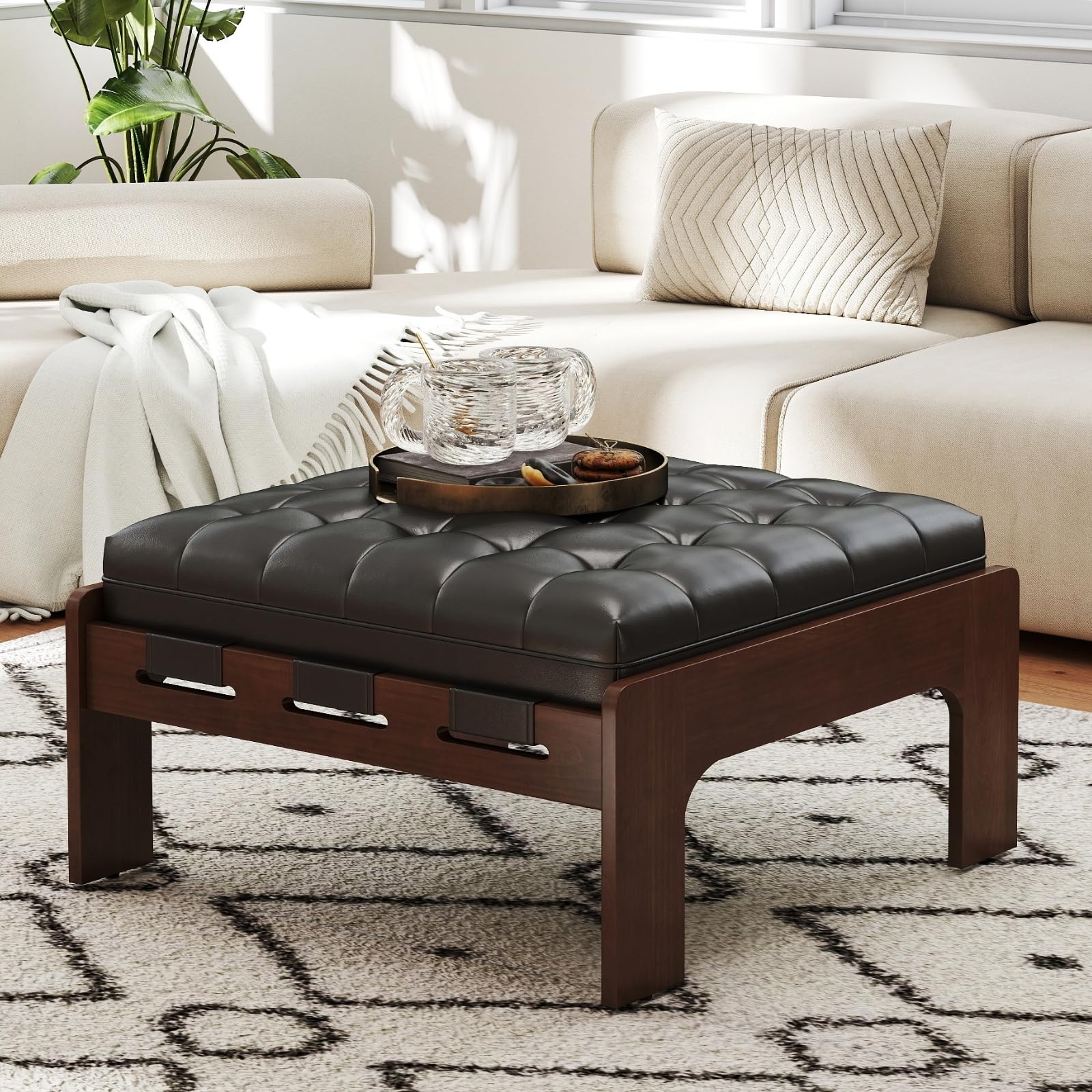 chairus Modern 30" Square Faux Leather Ottoman Coffee Table, Large Tufted Upholstered Cocktail Ottoman, Oversized Footrest Stool Solid Wood Frame for