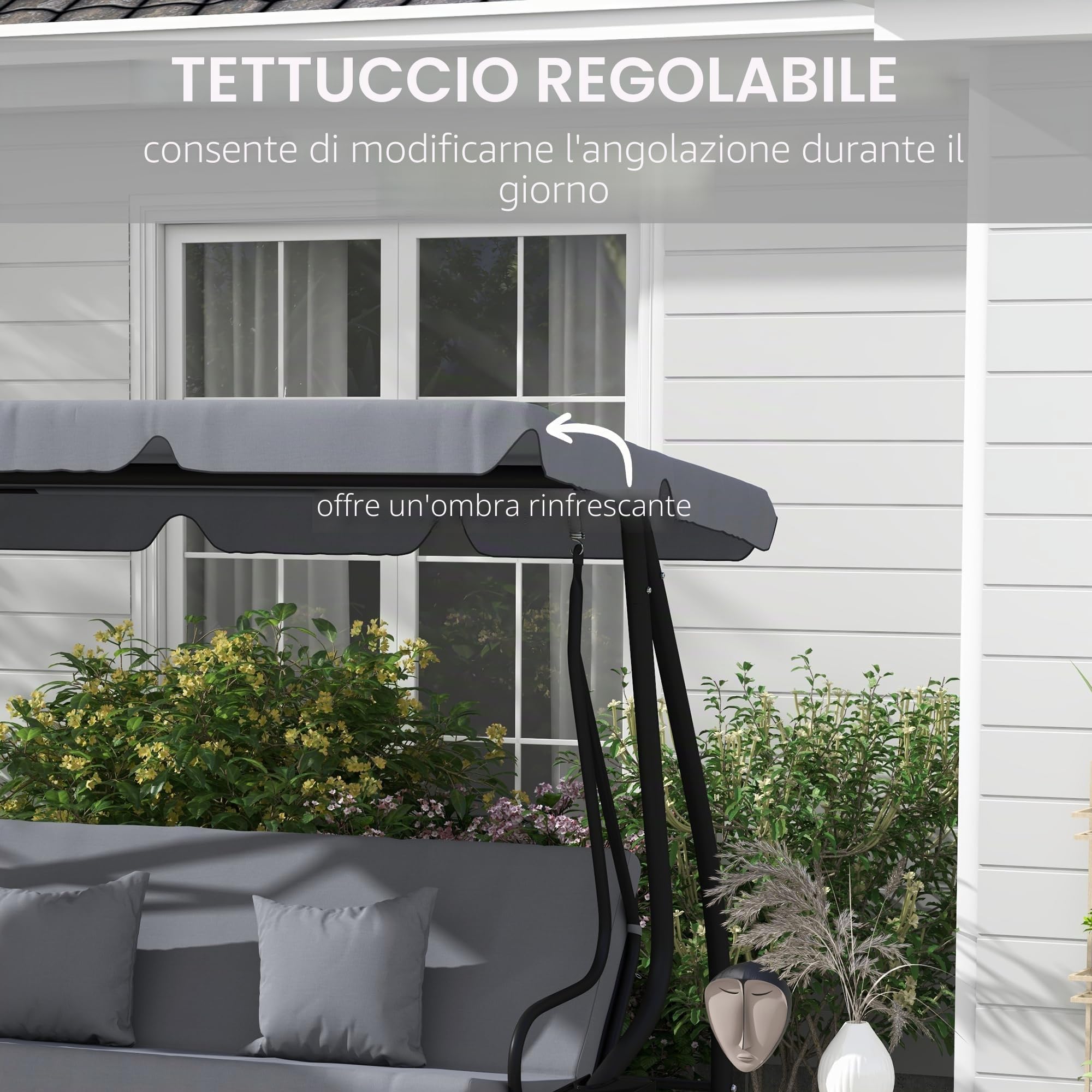 Outsunny Altalena da giardino convertibile a 3 posti Tetto regolabile inclinazione 2 ripiani Supporto 2L x 1,2l x 1,64H m metallo epossidico Nero Poliestere grigio scuro