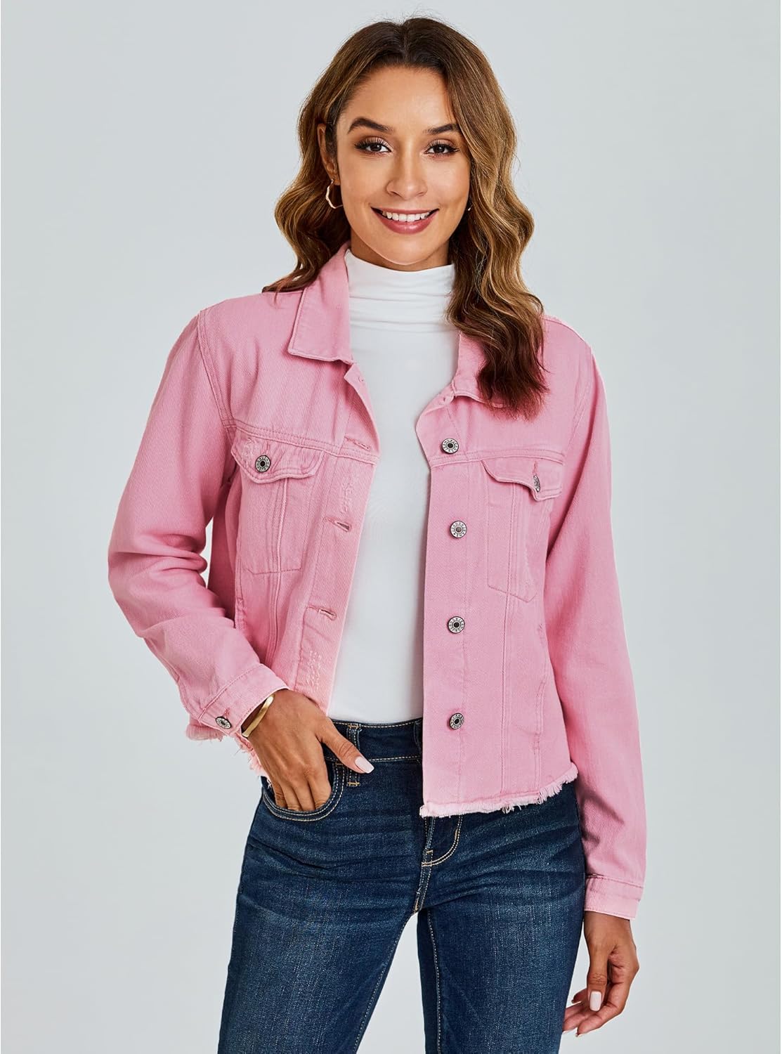 luvamia Denim Jacket for Women Distressed Jean Jackets Button Up Vintage Western Trucker Jacket Frayed Hem Pockets - Image 5