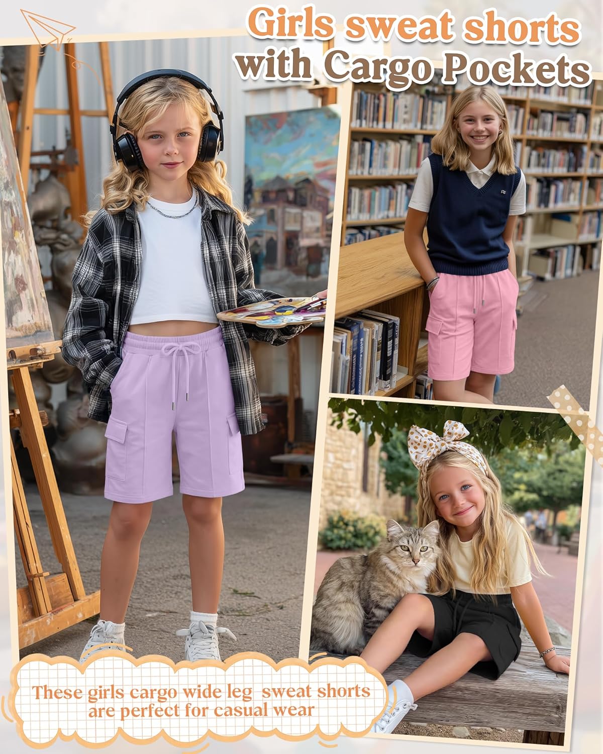 3 Pack Girls' Bermuda Cargo Shorts with 4 Pockets Knee Length Drawstring Wide Leg Casual Sweat Shorts for Ages 5-14