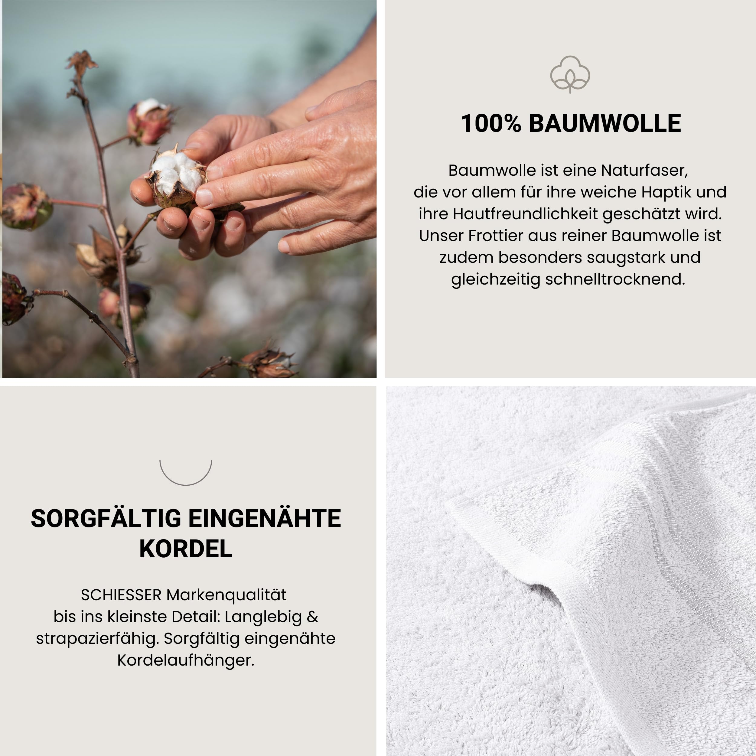 Schiesser Handtuch | 4er Set | 100% Baumwolle | Weiß | Hoch-Tief-Optik
