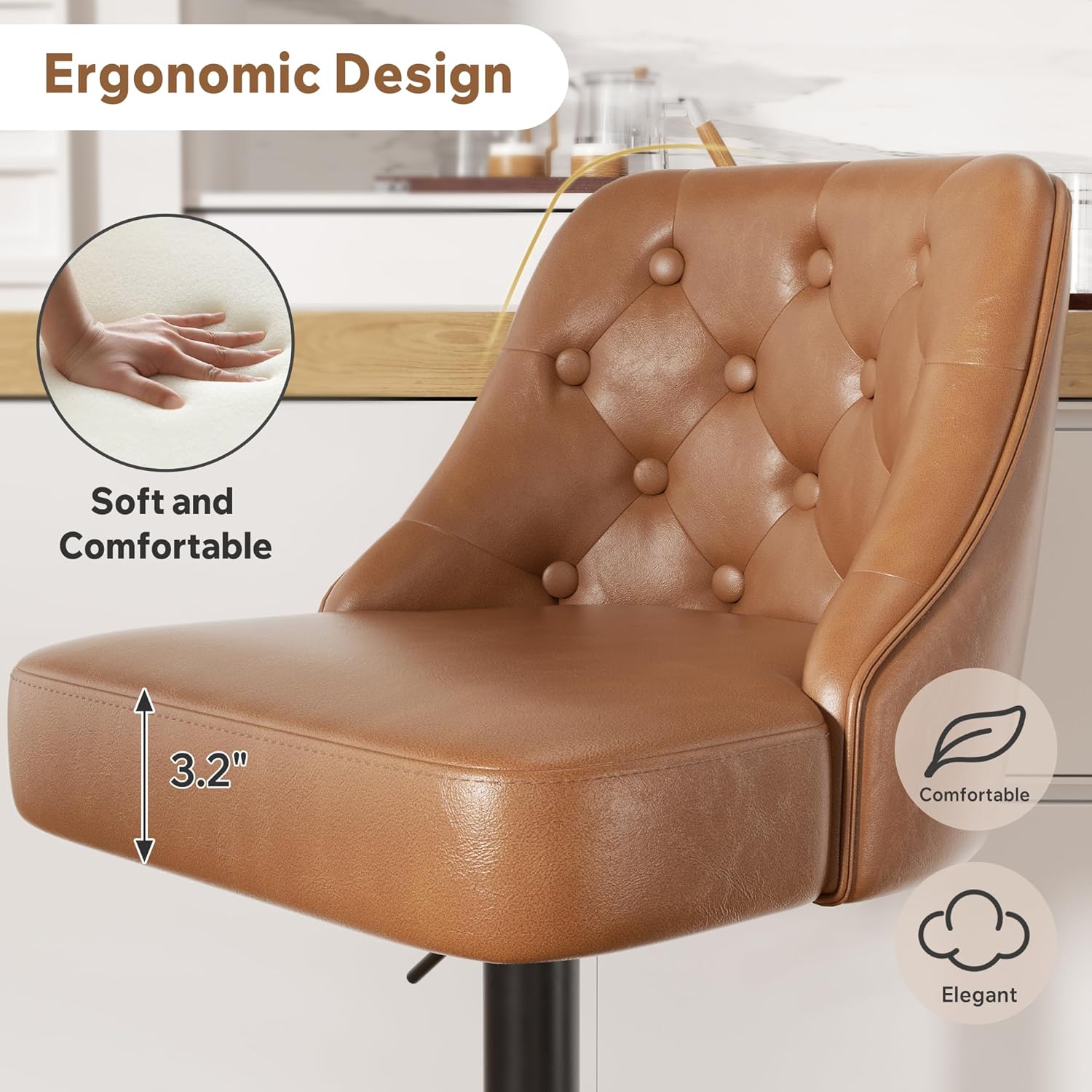 Bar Stools Set of 3, Adjustable Counter Height Bar Stool with Back, Faux Leather Upholstered Swivel Bar Chairs, Mid Century Modern Barstools for Kitchen Island, Brown