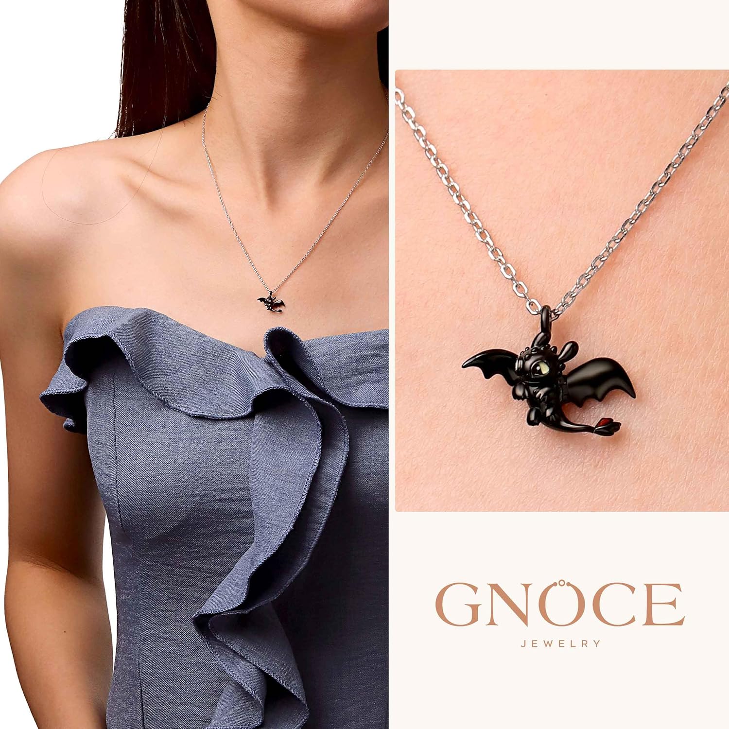 GNOCE How to Train Your Dragon Toothless Flapping Wings Pendant Necklace for Women, S925 Sterling Silver Pendant Necklace for Women Wife, Valentine‘s Day, Mother’s Day Jewelry (Toothless)