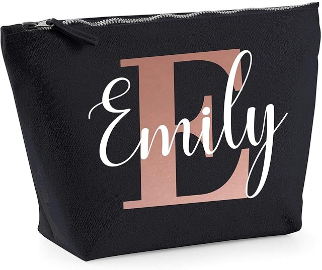 Womens Personalised Rose Gold Initial and Name Makeup Bag - Personalised Birthday Gift Idea for Her - Makeup Holder Travel Mum, L, Black