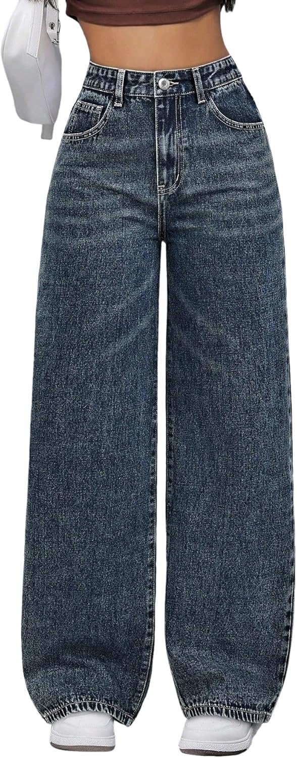 EARKOHA Women's Jeans Women's Branch Pattern Pocket Wide Leg Loose Casual Denim Pants