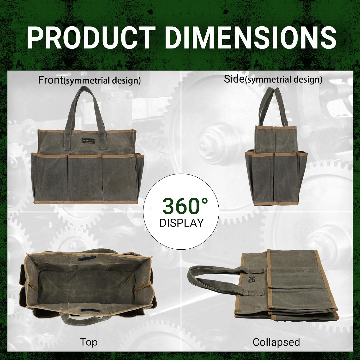 Waxed Canvas Tool Bag Tote, 14 Inch Heavy Duty Tool Organizer with 10 External Pockets & 1 Large Compartment, Army Green
