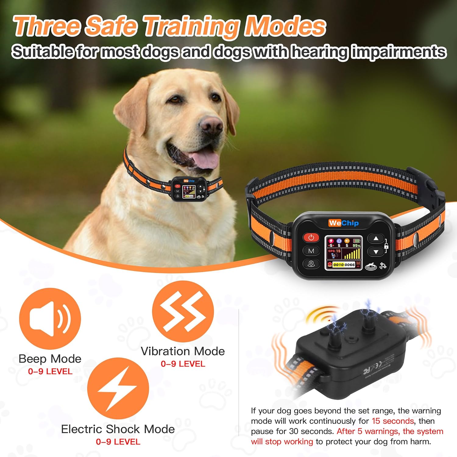 GPS Dog Collar Fence - 3 Modes (0-9 Levels),GPS Dogs Fence 65-6560FT Wireless Boundary, 122H Rechargeable Battery,Waterproof for Lawns, Farms, Beaches & Walks.(Orange)