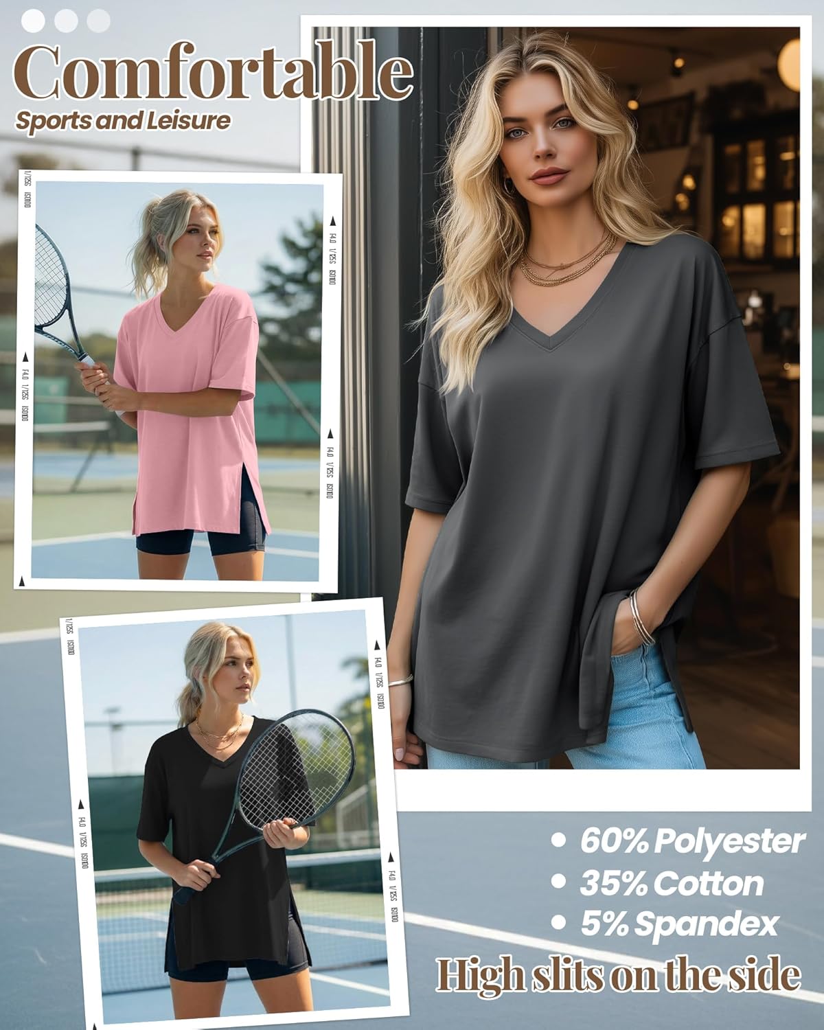 Huukeay 3 Pack Oversized Shirts for Women V Neck Workout T Shirt Casual Side Split Tee Short Sleeve Loose Tops Tunic Tops - Image 3