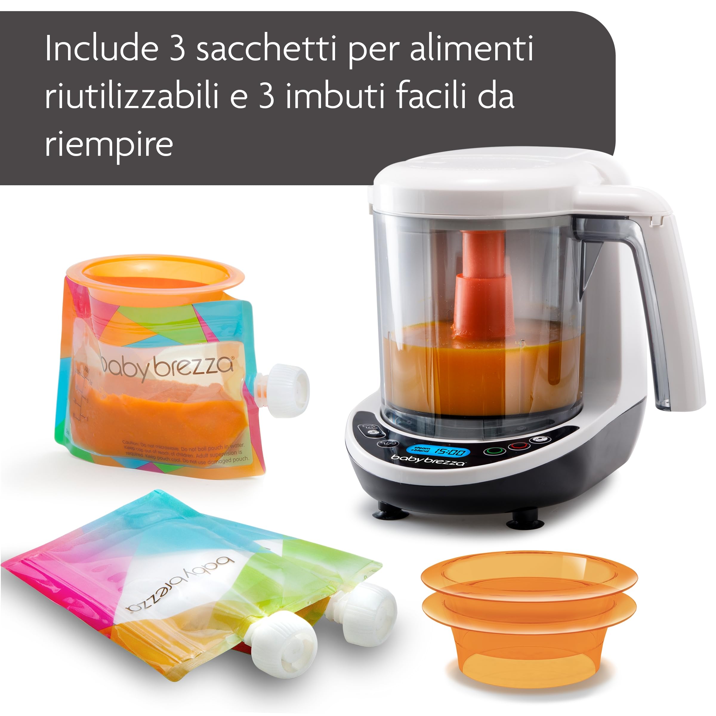 Baby Brezza Food Maker Deluxe Bianco Cuocipappa Omogeneizzatore Neonati Vapore Frullatore Pappe Spegnimento Automatico Lavabili Lavastoviglie 3 Sacchetti