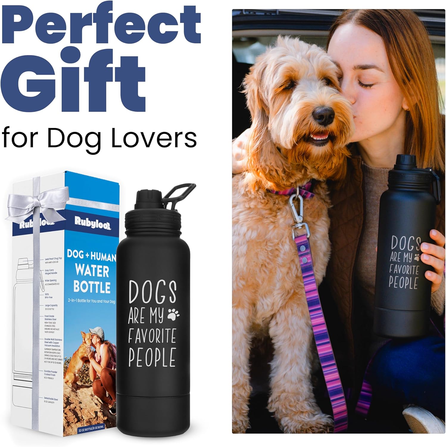 Dog Water Bottle for Dog Lovers - 32 oz Stainless Steel Double Wall Insulated Water Bottle with 8 oz Detachable Bowl on Bottom- Doggy Lover Gift for Hiking, Walks, Travel - “Favorite People” Black - Image 5