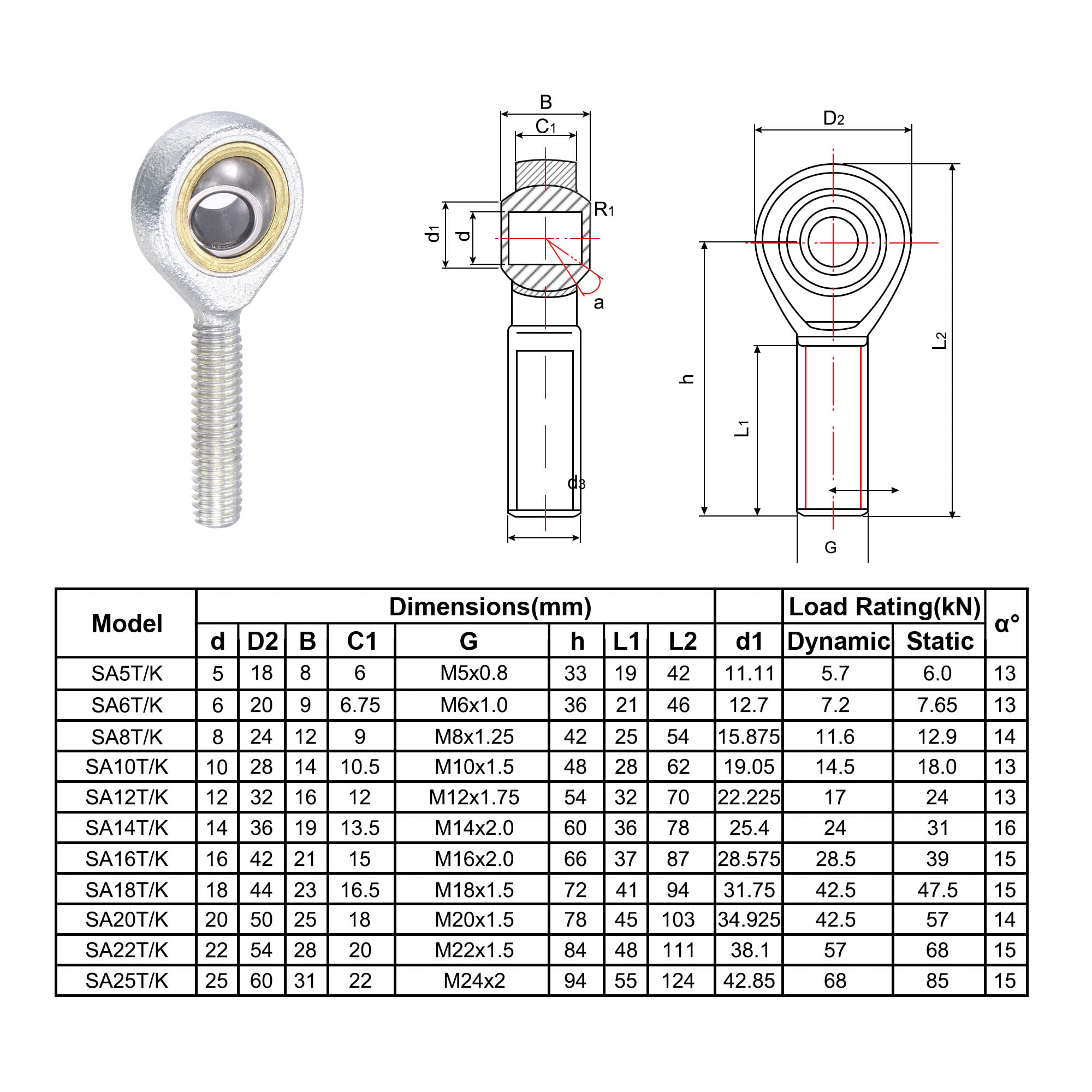 SA8TK Rod End Bearings - 8mm Bore, Self-Lubricated -6