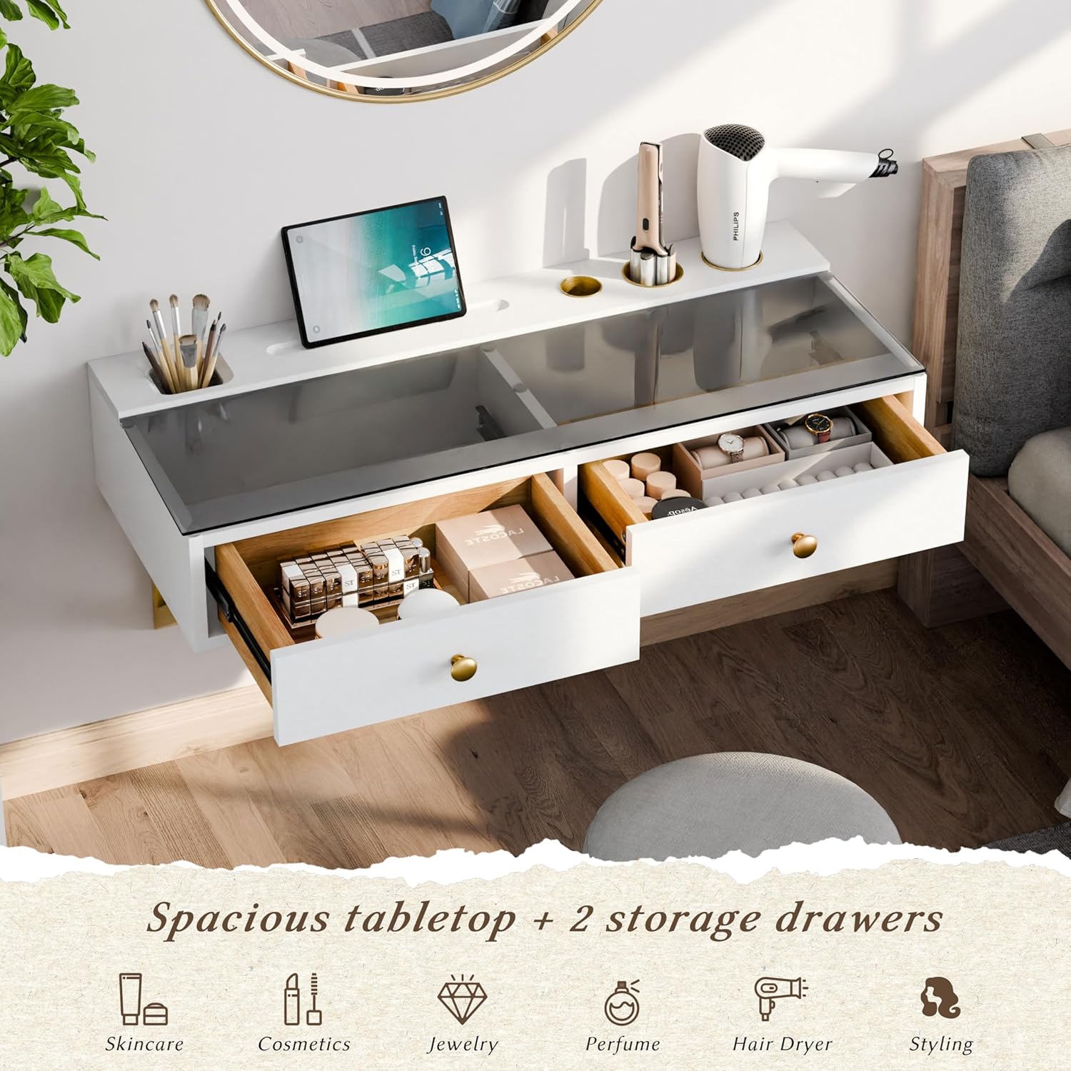 IEO 31.5" Floating Desk Glass Top Wall - Mounted Makeup Vanity Desk with 2 Drawers Floating Shelf for Ultimate Makeup Organization,for Bedroom, Bathroom and Hairdressers,Black and Golden (Warm White)