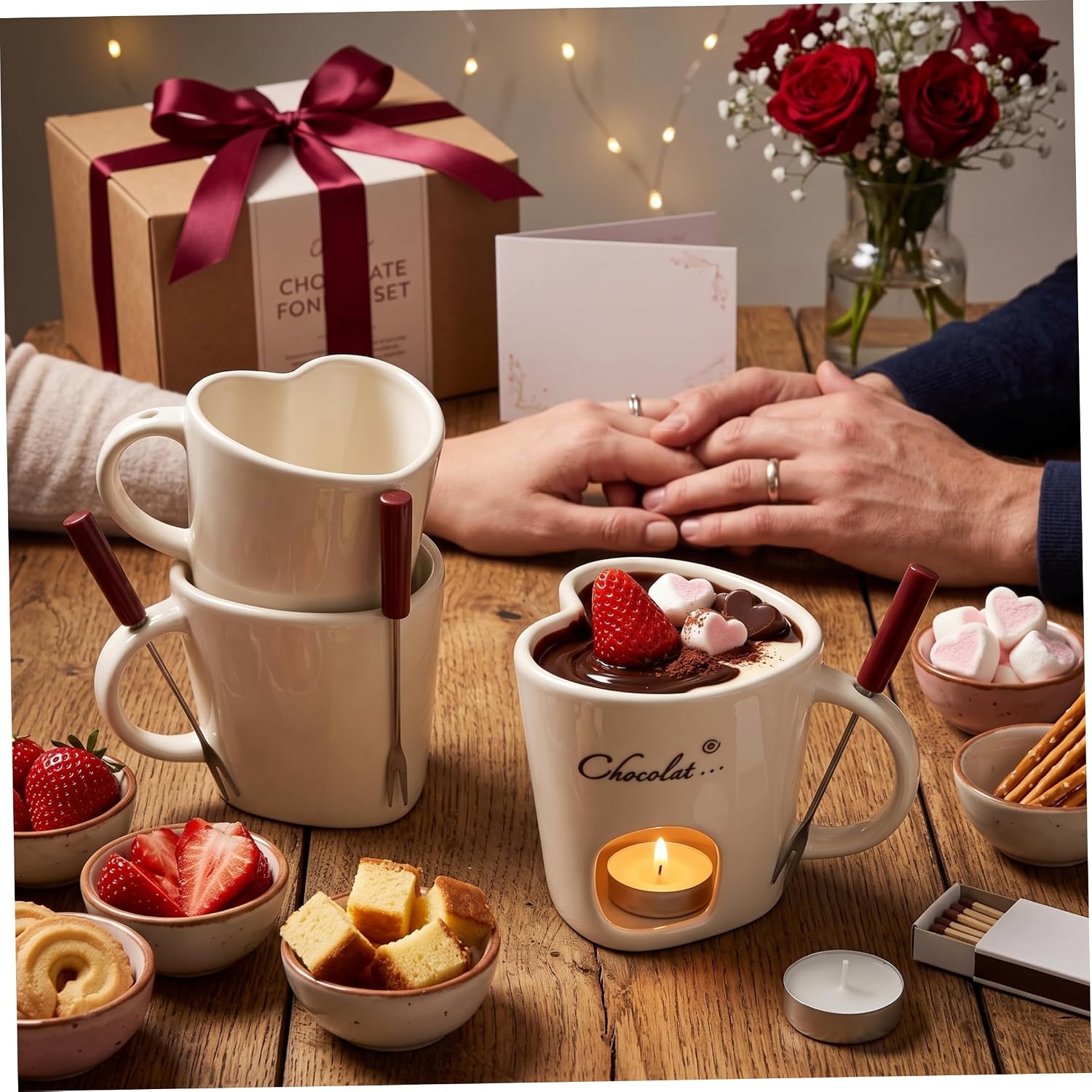 Chocolate Fondue Set, Heart-Shaped Ceramic Melting Cup with Forks