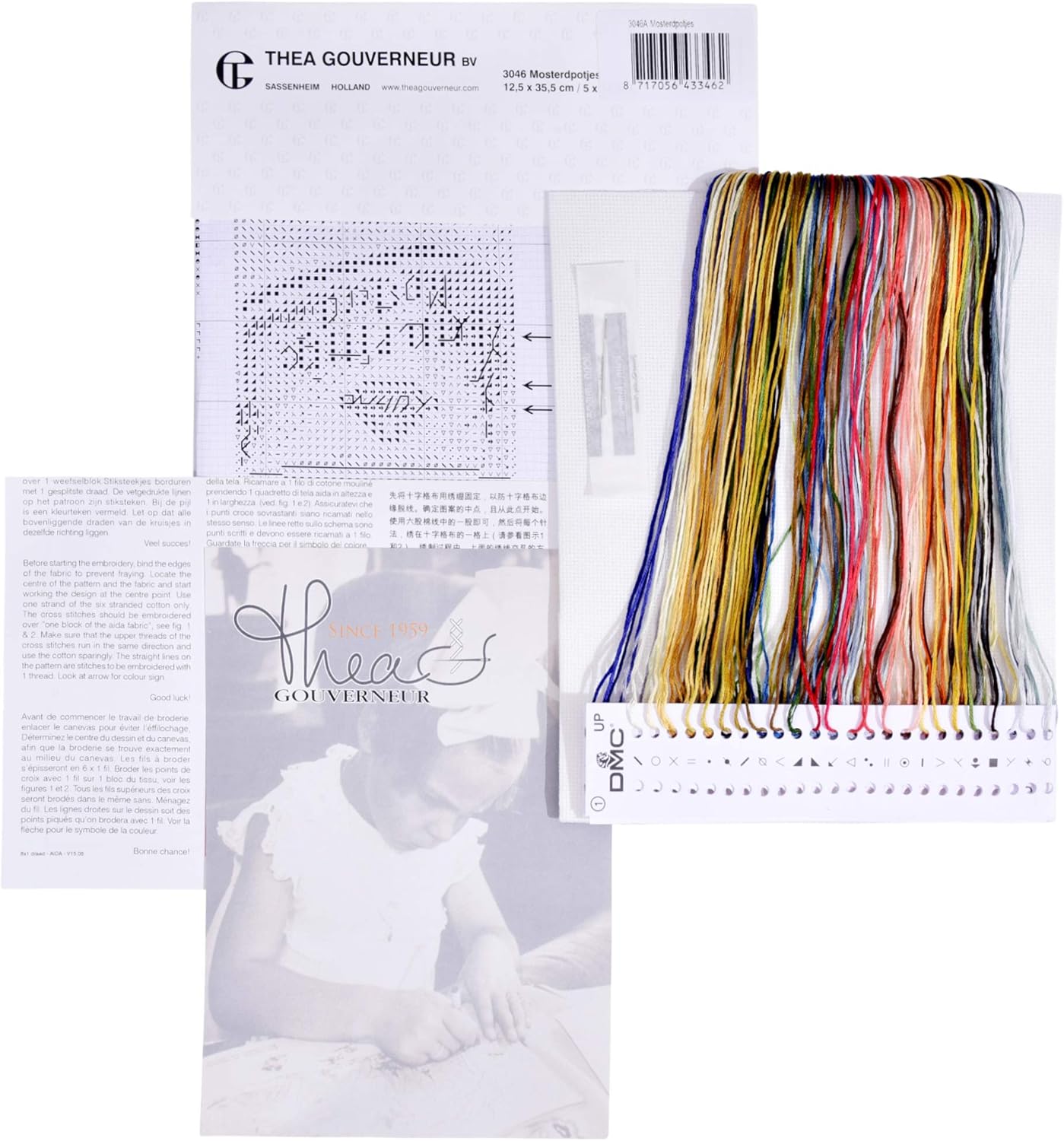 Thea Gouverneur - Counted Cross Stitch Kit - Mustard Pot - Aida - 18 Count - Embroidery Kit for Adults - DMC Embroidery Threads and Other Cross Stitch Supplies Included - 3046A