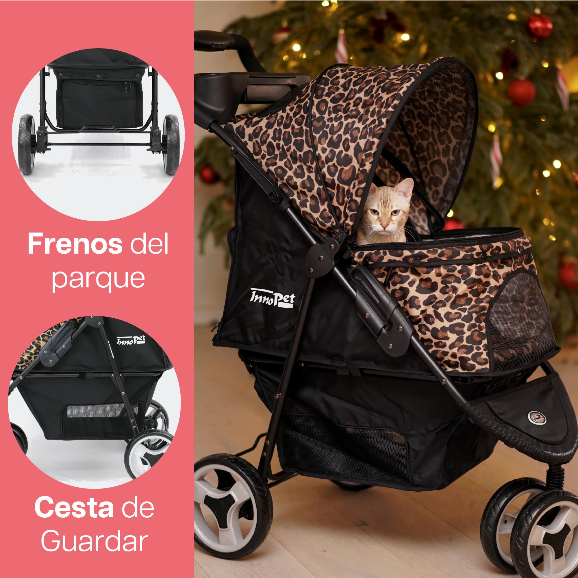 Innopet Carrito Allure Cheetah - Cochecito con estampado de leopardo, ruedas antipinchazos, plegado rápido, hasta 20kg, con cesta y 2 correas de seguridad