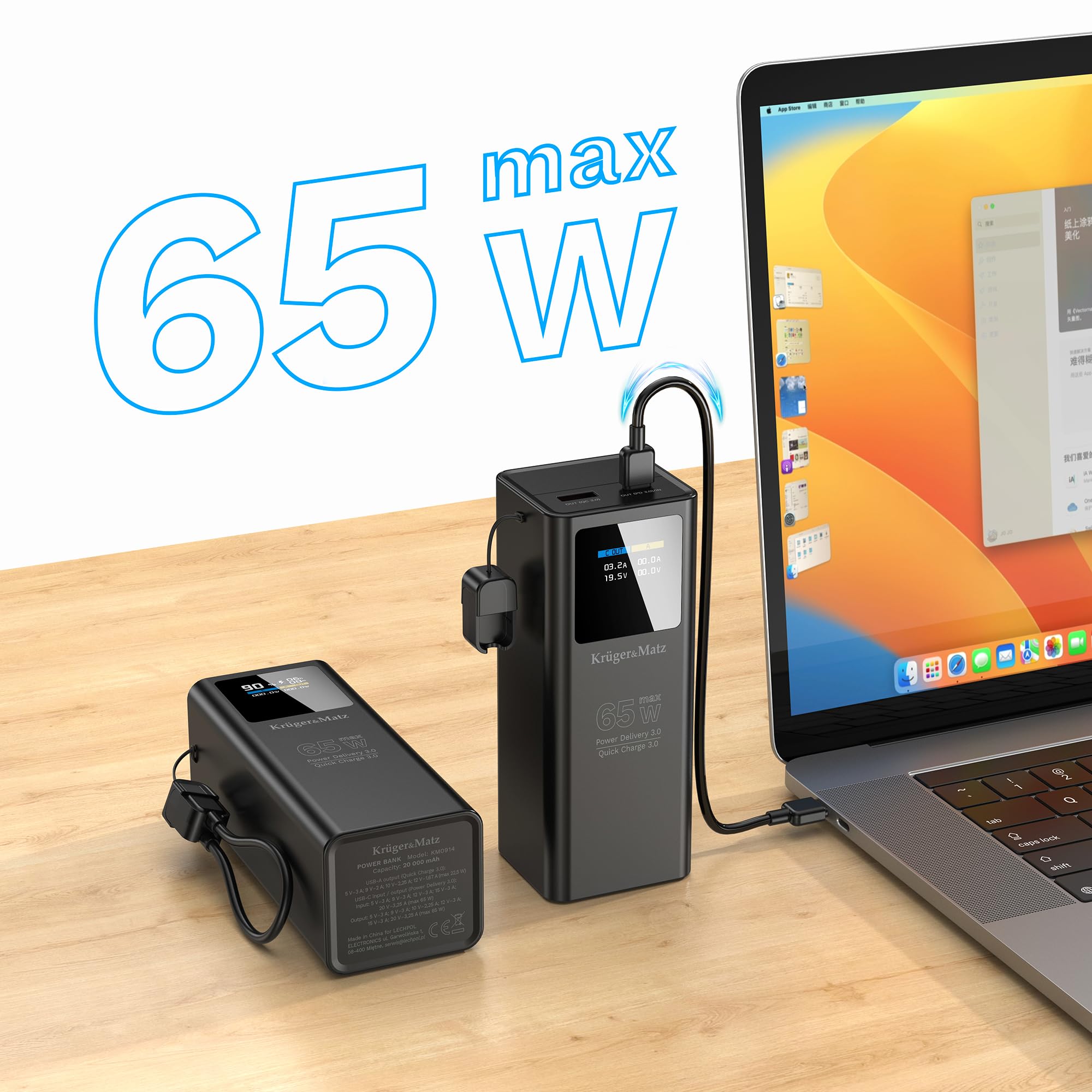 Krüger&Matz PowerBank 20000 mAh Li-pol 65W z funkcją QC oraz PD KM0914