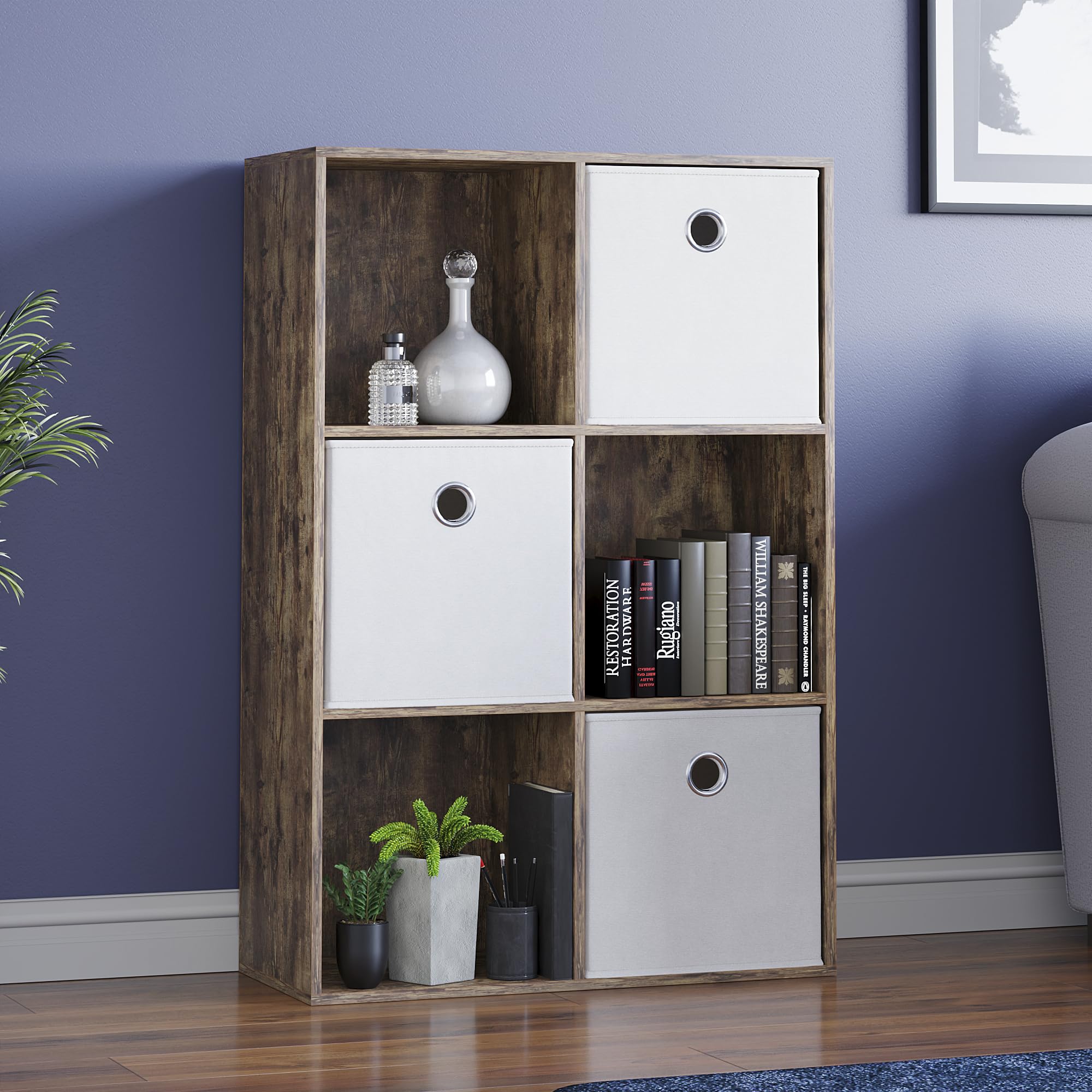 Vida Designs Durham Cube Bookcase Storage Organiser Living Room Bookshelf Home Office Furniture (6 Cube & 3 White Baskets, Dark Wood) โ image 1
