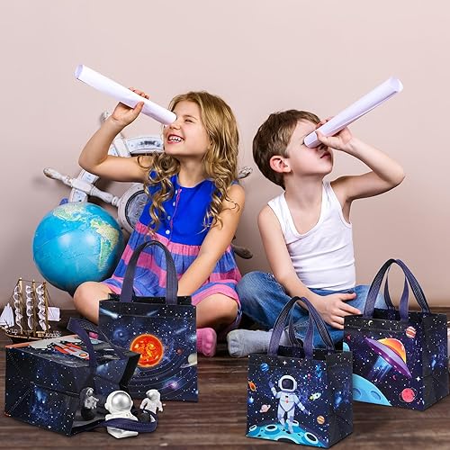Miniatura 5 de Windyun 48 bolsas de regalo espaciales a granel grandes para espacio exterior, bolsas de recuerdos de fiesta, no tejidas, bolsas de dulces con asas,