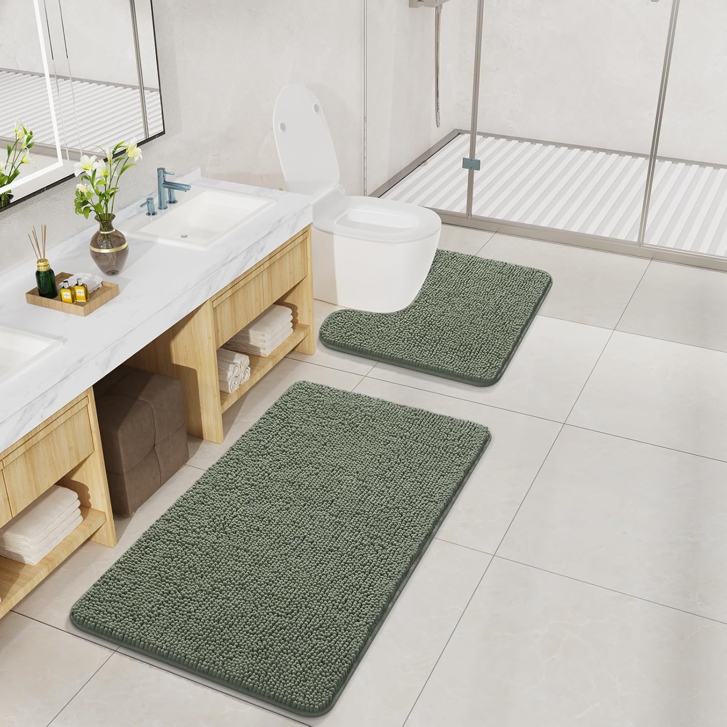 LOCHAS Bathroom Rugs Sets 2 Piece, Soft Non Slip Bath Mat Set, 20''x20'' U-Shaped Toilet Rug and 34''x21'' Sage Green Bath Rugs, Washable Absorbent Chenille Toilet Rug Set for Bathroom, Shower