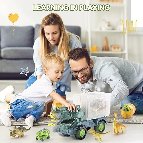 Miniatura 5 de VATOS Juguete de camión de dinosaurio para niños de 3 a 7 años, juego de juguetes de transporte de tiranosaurio Rex con carrito de dinosaurio,
