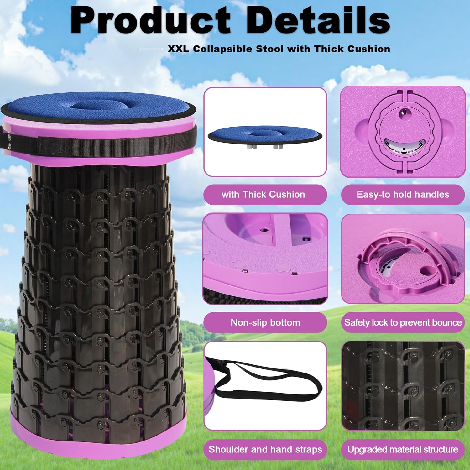 ALEVMOOM 2026 Upgraded XXL 19.7" Collapsible Stool with Cushion, 1000lbs Max Weight Heavy Duty Portable Telescoping Stool, Retractable Seat Folding Chair for Camping Fishing Hiking(Purple-XXL)