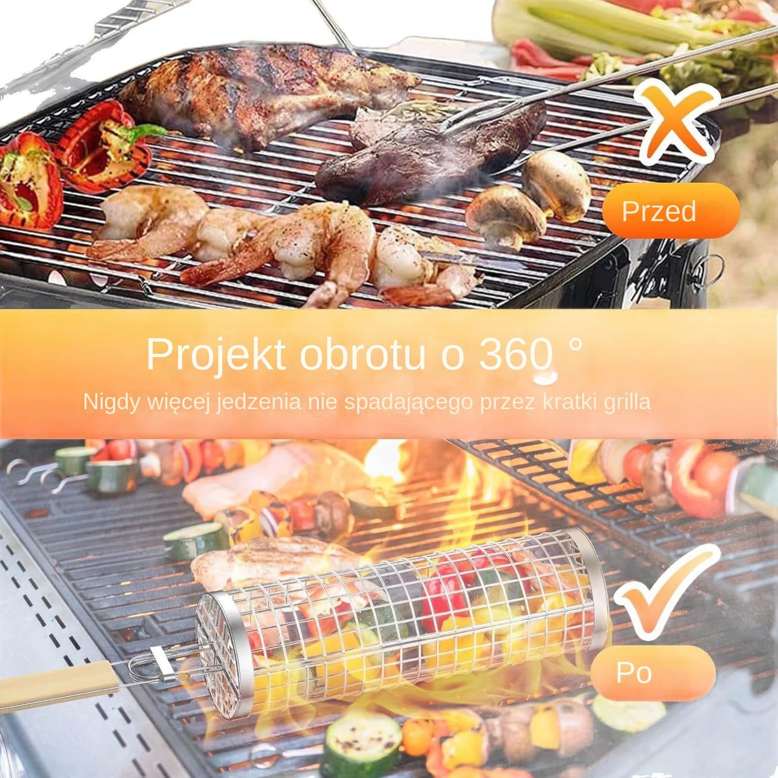BBQ Obrotowy Kosz Grillowy 2-Częściowy Okrągły Z Obrotową Składaną Rączką | Okrągły Kosz BBQ Do Warzyw Ryby, Frytki, Podwórko, Biwak, Piknik, Plaża Grillowanie W Parku,