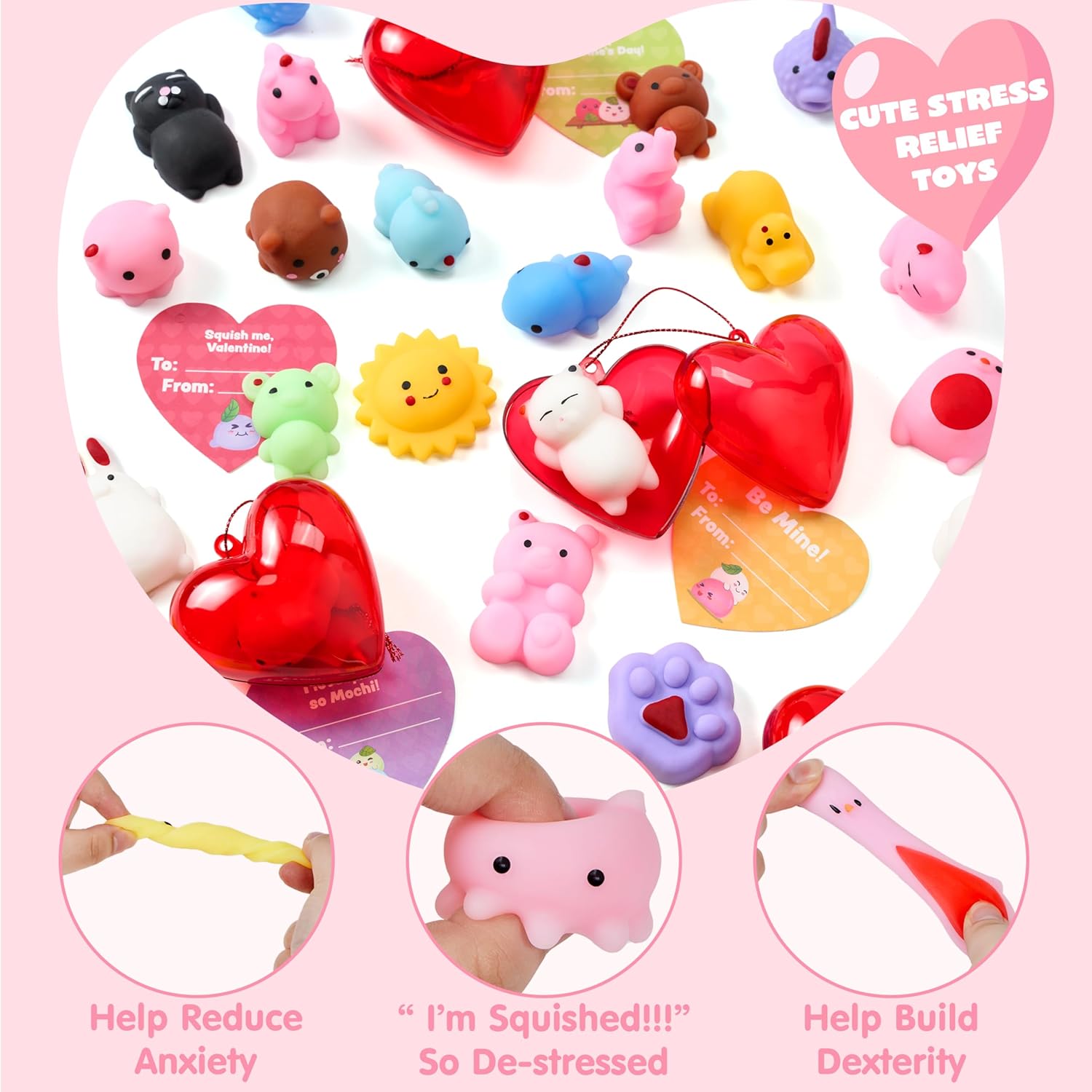 JOYIN 28 PCS Mochi Squishy Toys with Valentine Cards and Filled Hearts Party Favors for Kids Valentine Gifts Classroom Exchange, Kawaii Stress Relief Toy for Valentine’s Day Gift Exchange, Game Prizes