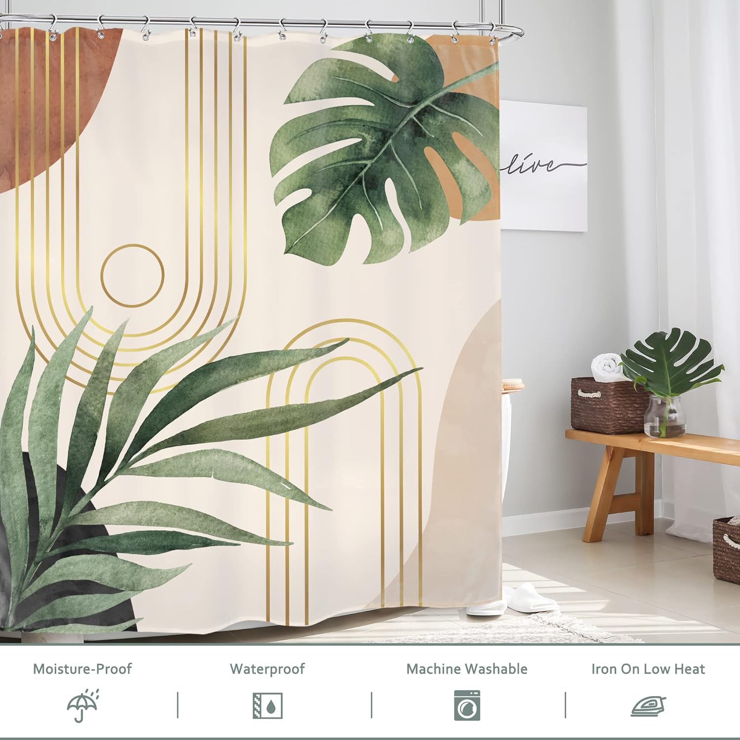 Glawry Boho Sage Green Shower Curtain 60Wx72L Inches, Abstract Bohemian Mid Century Bathroom Curtains, Plant Botanical Palm Leaf Cute Decor Fabric Shower Curtain Set Bathroom Rugs Waterproof 12 Hooks - Image 4