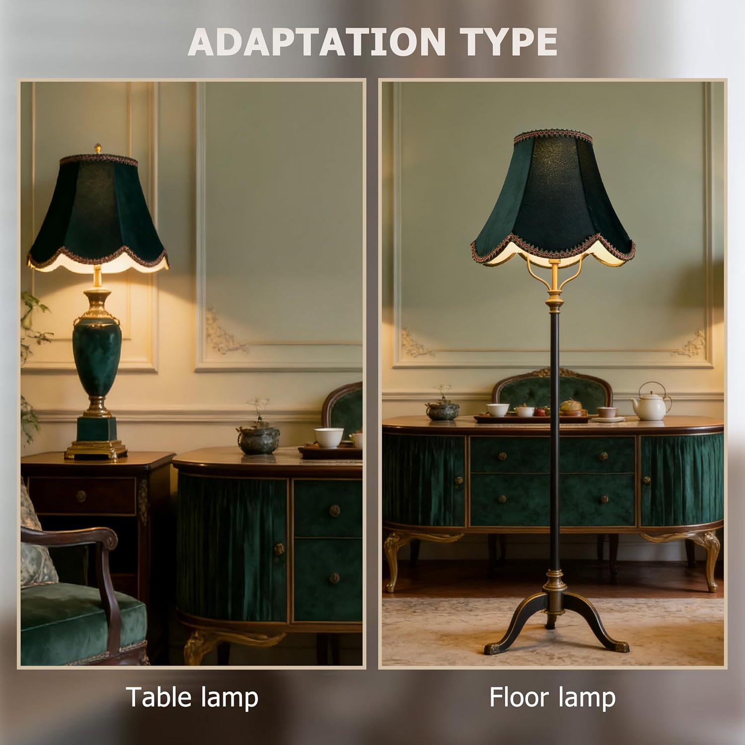 PAPAYA Lamp Shades 1Pc Scalloped Lamp Shade Green Petal 6" x 13" x 10.6" | Hand Crafted,Velvet Fabric,Victorian Lamp Shade,Spider Fitter,Bell Lamp Shades for Table Lamps,Floor Lamps,Easy Assembly