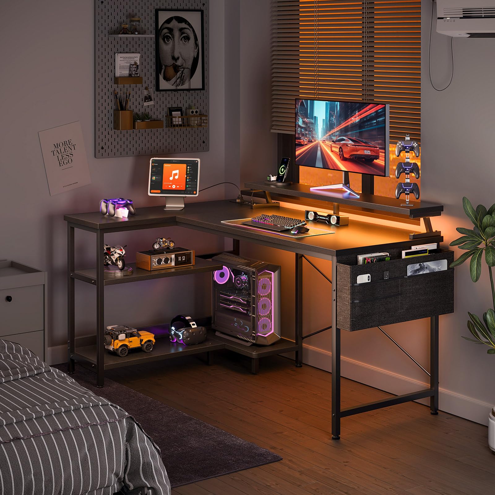 Coleshome Escritorio Gaming con LED, 120x80cm Escritorio Esquina con Estantes Reversibles, Mesa Gaming en L con Tomas de Corriente y USB Mesa de Juegos con Soporte Monitor Hogar Oficina, Negro