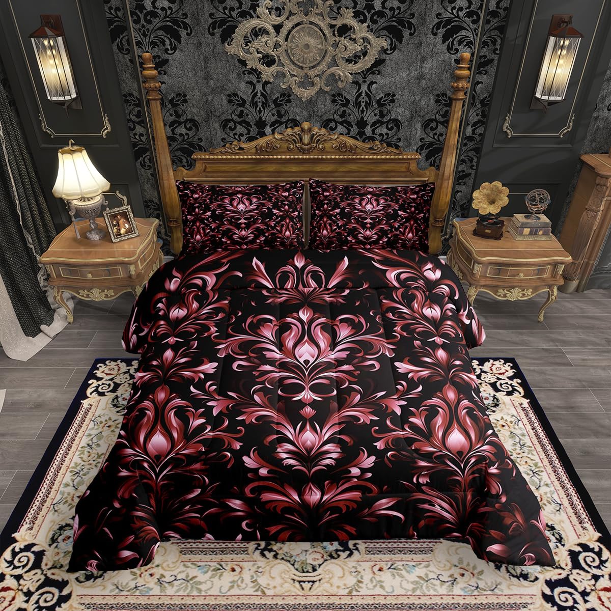 Erosebridal Damask Girls Comforter Set Bohemian Exotic Quilt Gothic Vintage Floral Bedding Set Antique Victorian Baroque Down Comforter King Size for