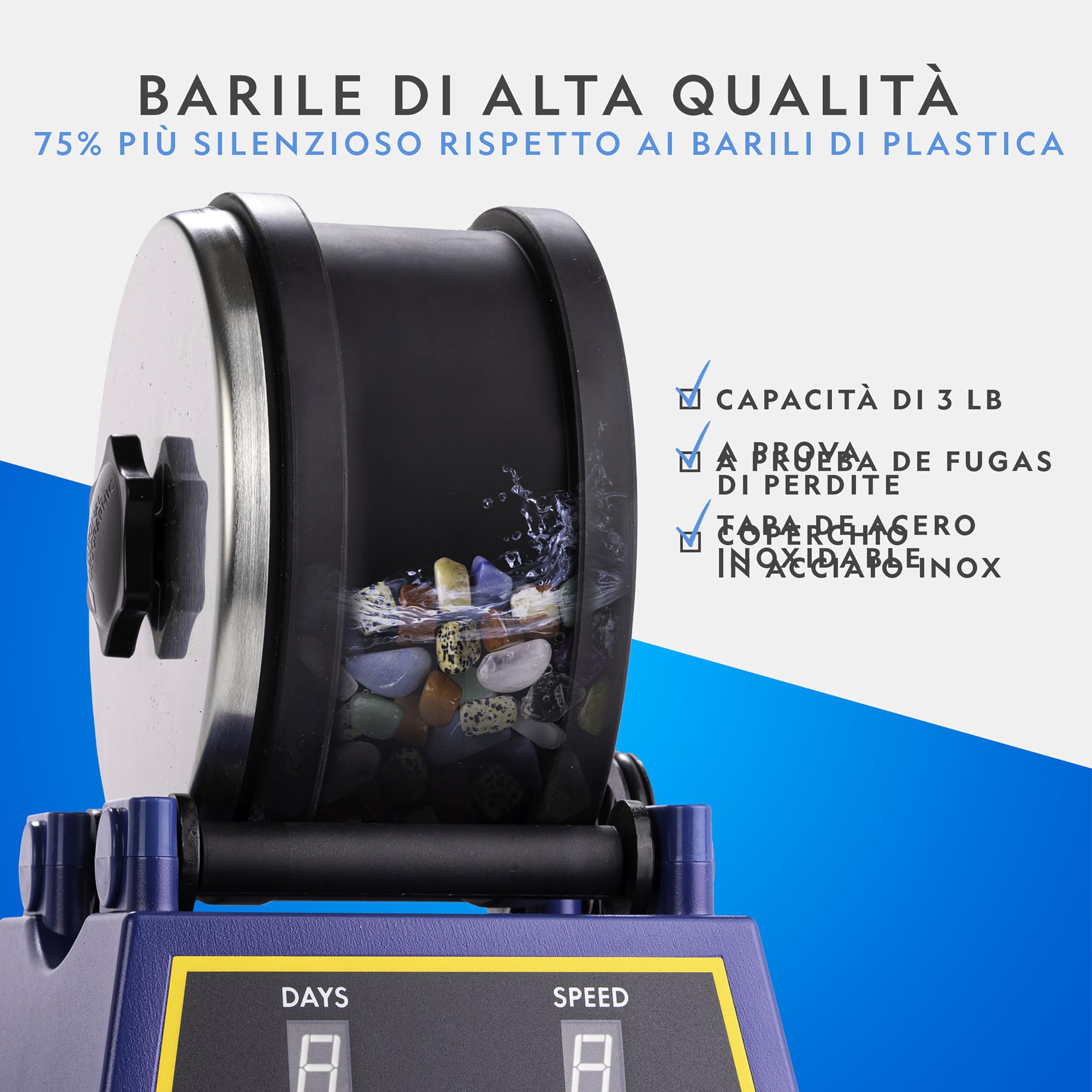NATIONAL GEOGRAPHIC Kit di Tumbler per Pietre – Tamburo da 1,36 kg con Motore a 3 Velocità e Timer da 9 Giorni, Pietre Grezze, Abrasivi, GemFoam, Kit Educativo per Adulti e Bambini
