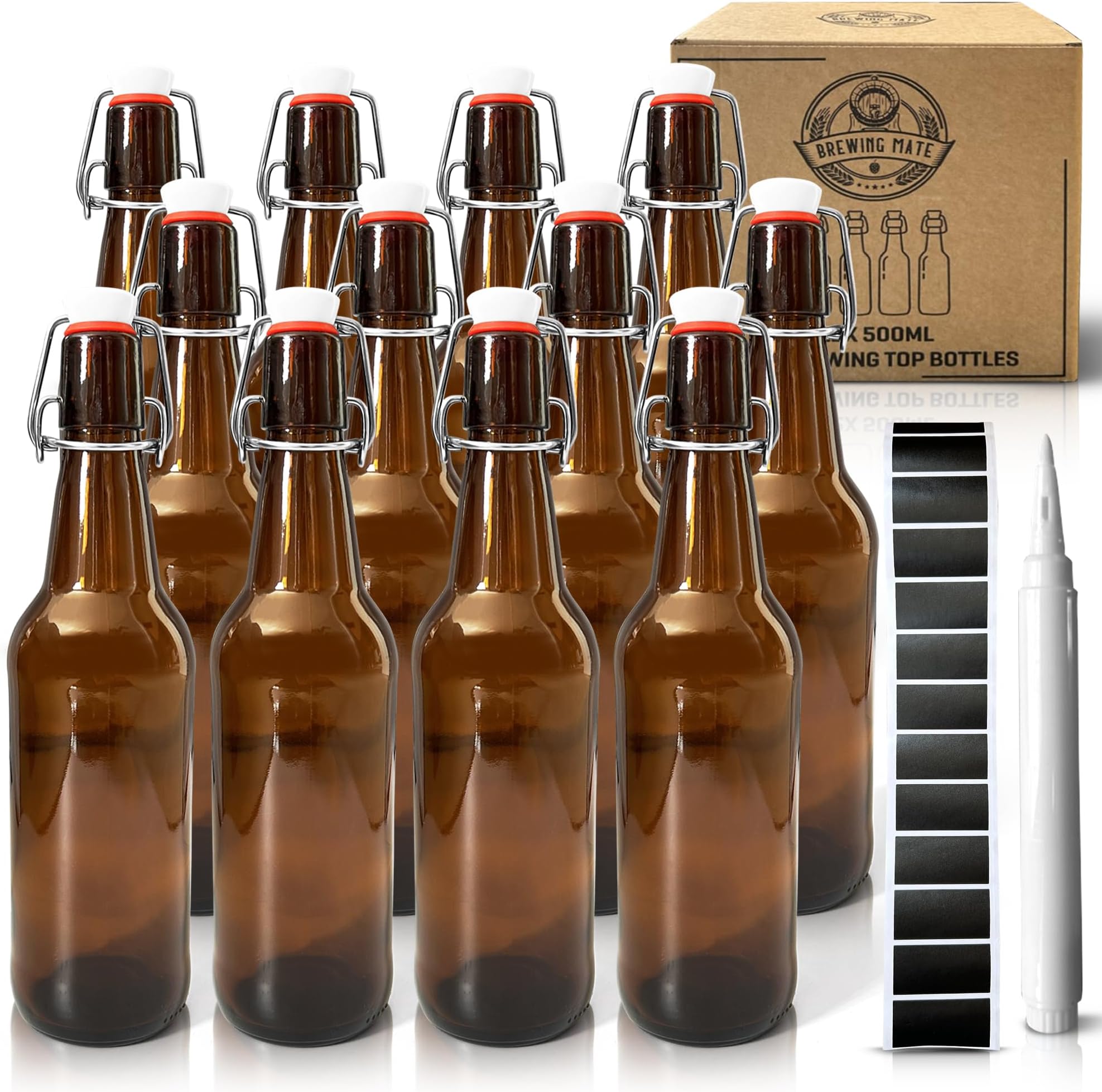 Brewing Mate12x Brown Glass Bottles 500ml with Swing Top for Home Brewing - Beer, Cider, Kombucha Bottles with Stainless Steel Flip Top - Including Blackboard Labels and White Chalk Pen