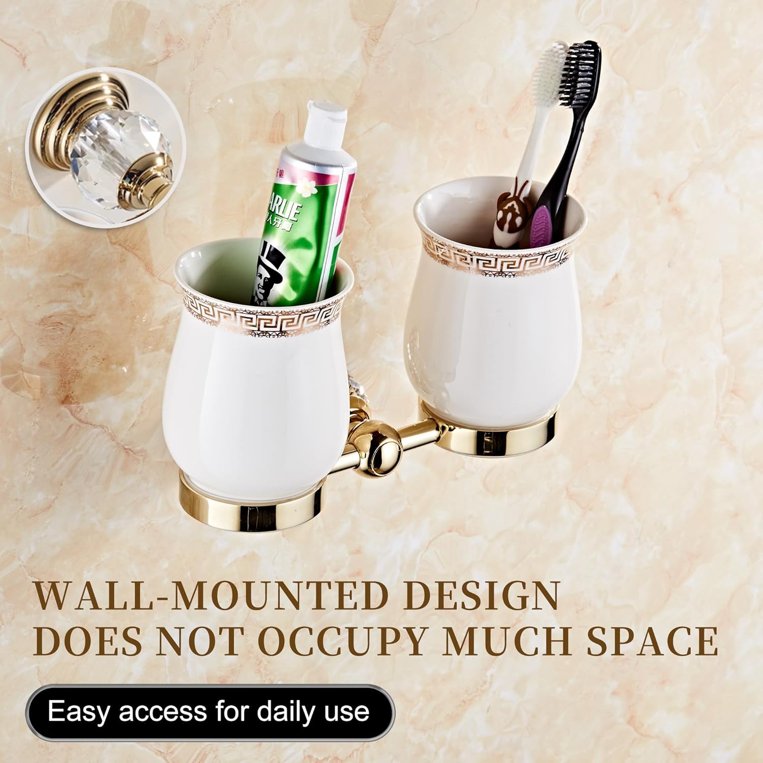 Golden Bathroom Double Toothbrush Holder Set, Gold Crystal Bathroom Hardware