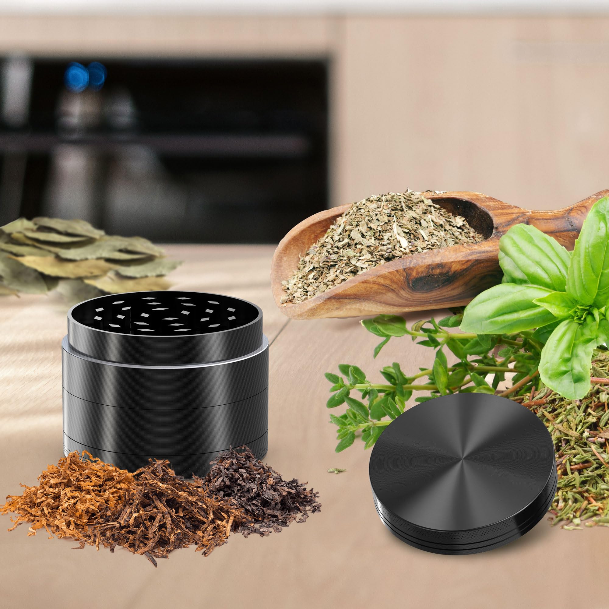 KitchenBoss Młynek metalowy, mały młynek 4-częściowy, kruszarka, 4,9 cm, z narzędziami do czyszczenia przypraw (niklowo-czarny)