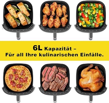Airfryer XL 6L Hot Air Fryer with Viewing Window Hot Air Fryer with Touch Screen 9 Programmes 1650 W Metal Interior No PFAS for Healthy Cooking 40-200°C