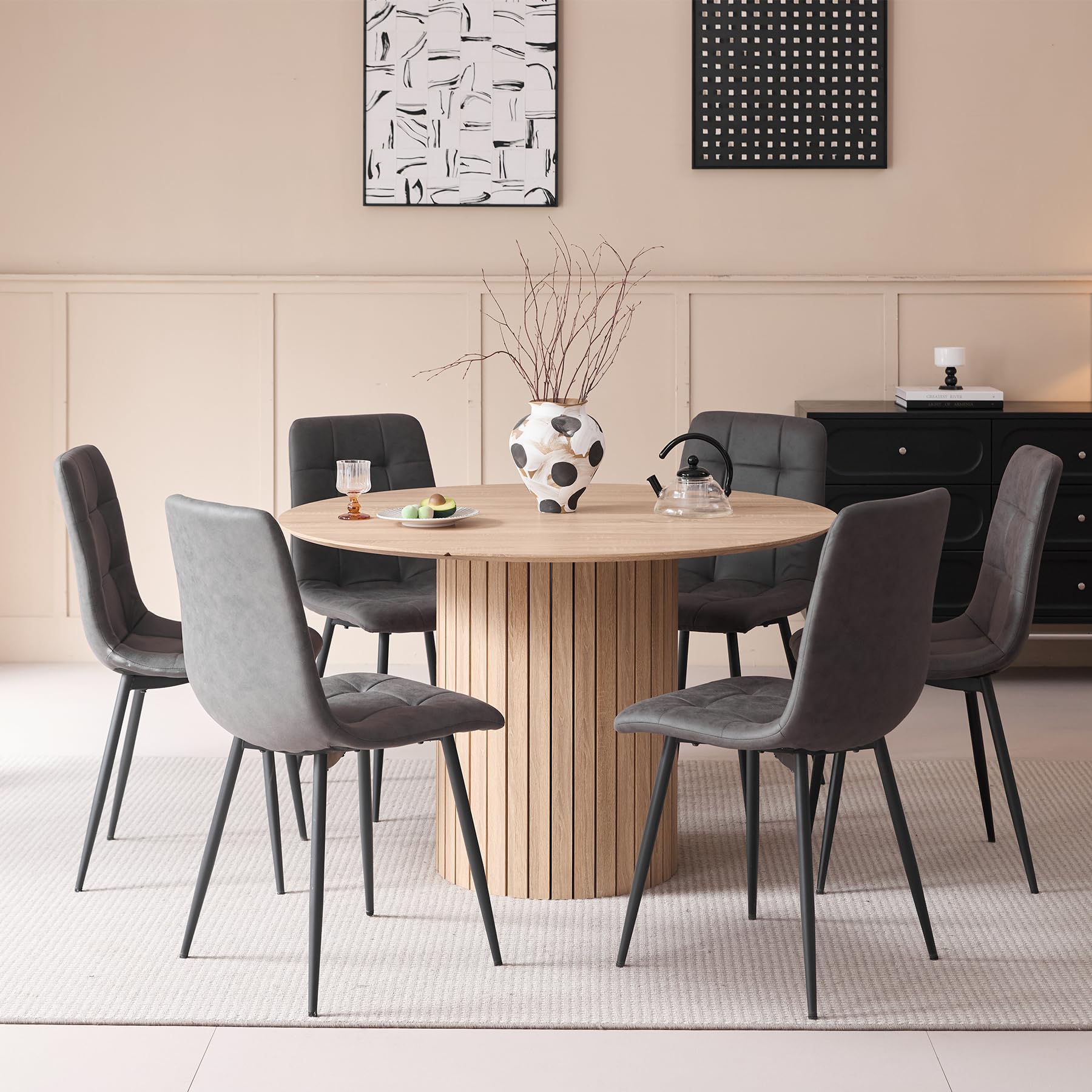 GrandCA HOME Table à Manger Ronde, Table de Cuisine Moderne 120 cm, Table de Salle à Manger avec Base Ronde en Bois, Grand Plateau en MDF pour 4 à 6 Personnes, Marron Clair