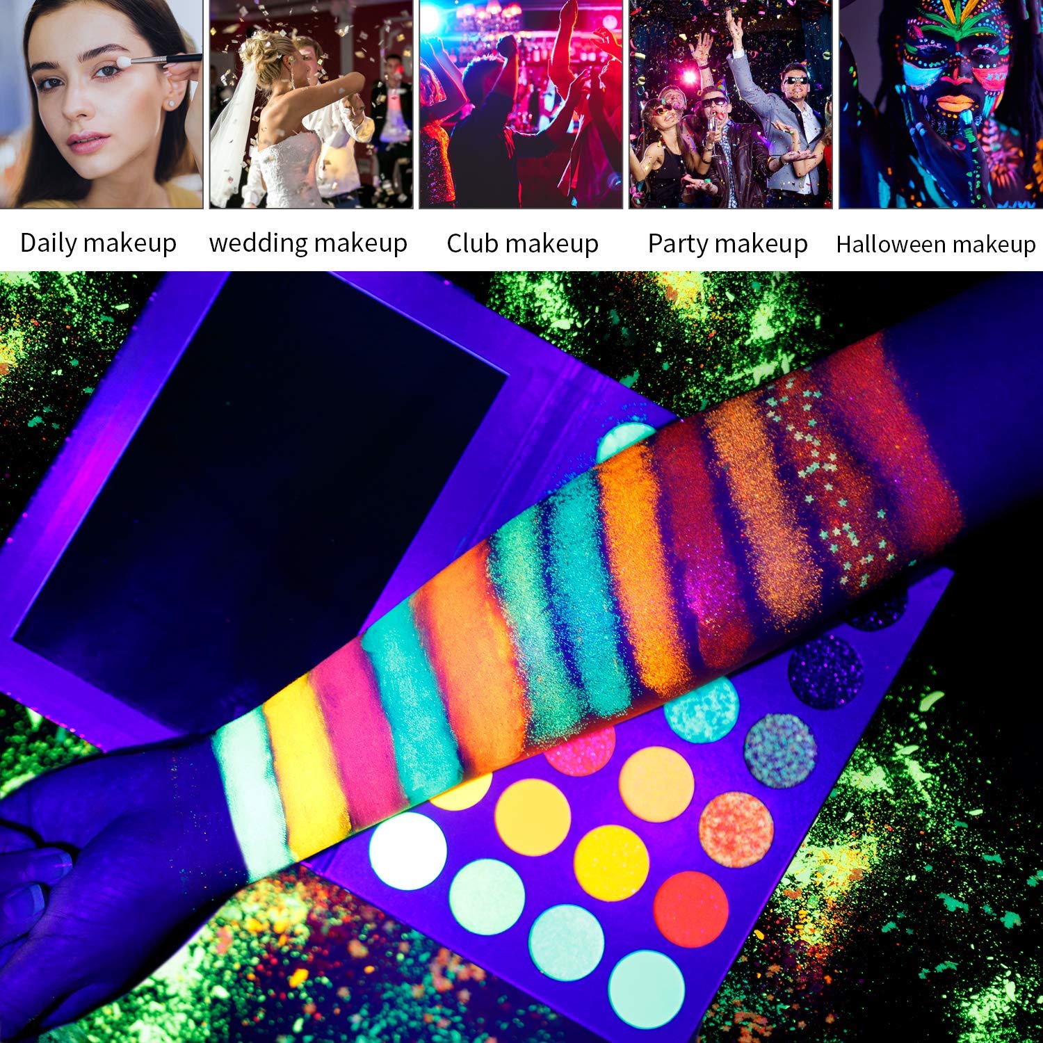 Neon Glow in the Dark Eyeshadow Palette, DE'LANCI Aurora Glow Stage Eyeshadow Palette, Halloween UV Glitter Makeup Kit Fluorescencyjne cienie do powiek Pigment Luminous