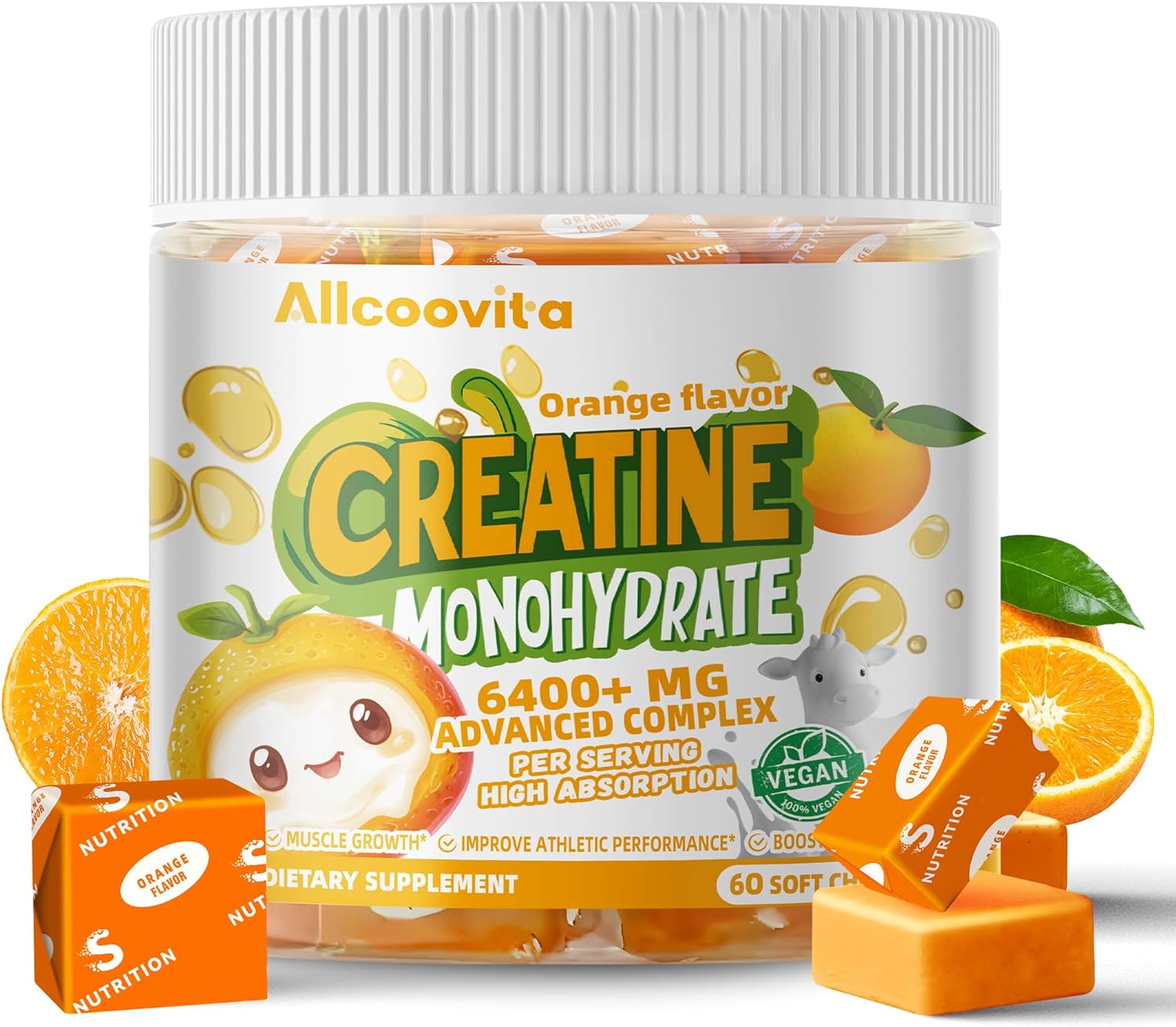 Creatine Monohydrate Chews Complex 6400mg for Men & Women -Advanced Formula W/L-Taurine + Vitamin B12, Sugar Free Chewable Supplement,60 Orange Softchews