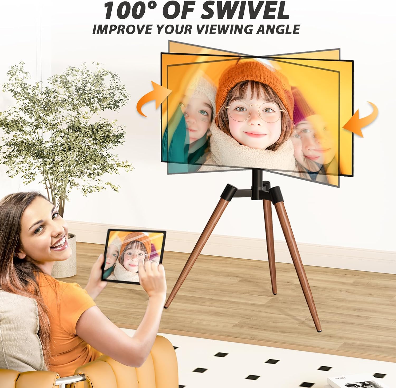 TVON Easel TV Stand with Tripod Base for 37–65 Inch Flat/Curved Screen TVs up to 77 lbs, Height Adjustable TV Floor Stand with Cable Ties and 100° Swivel for Bedroom, Living Room, Studio, Brown