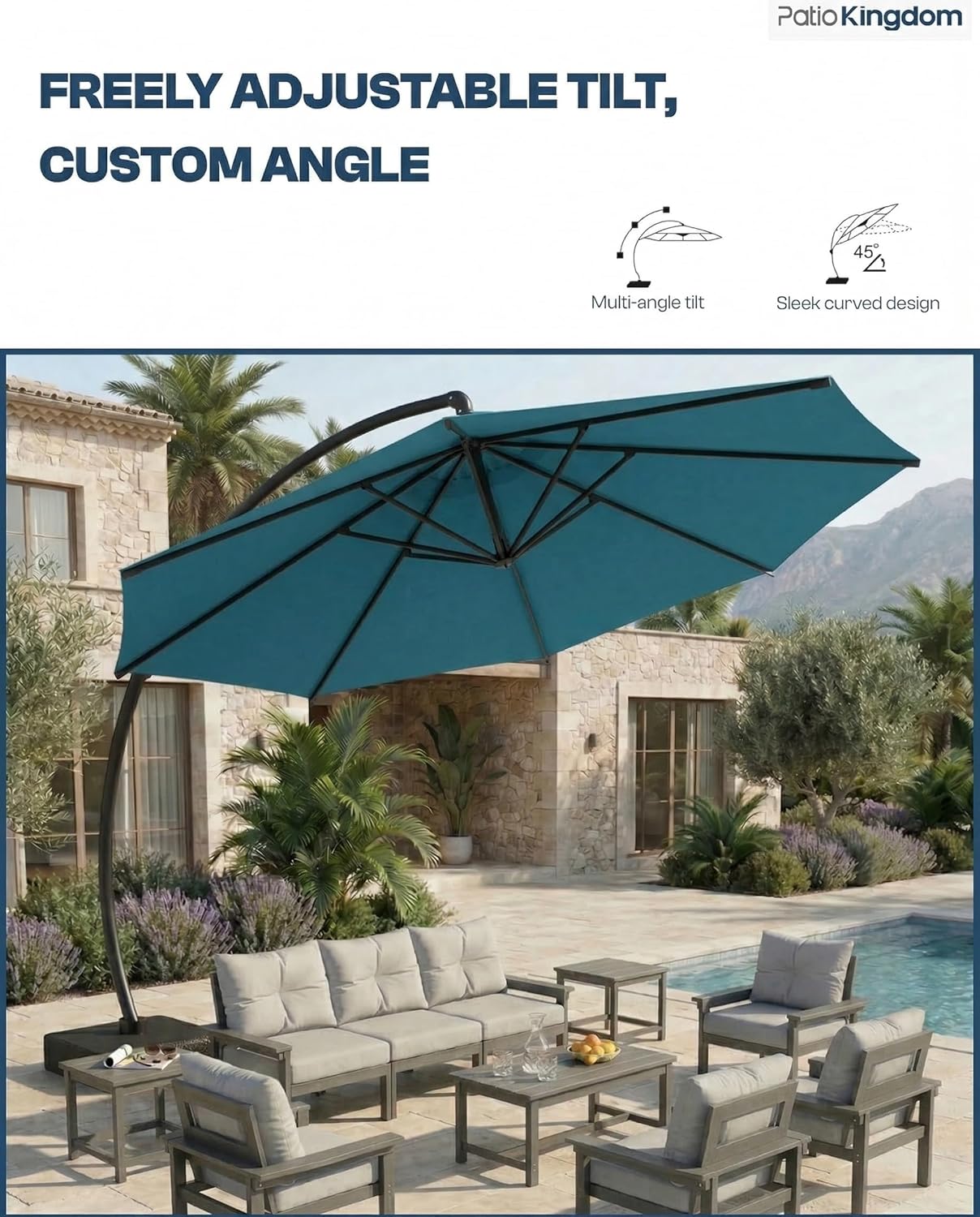 12FT Cantilever Umbrella with Base Included, Large Round 360° Rotation Offset Umbrella Outdoor Patio, Heavy Duty Aluminum Frame, Sand-Weighted Stand, for Deck, Backyard, Pool, Garden (Lake Blue)
