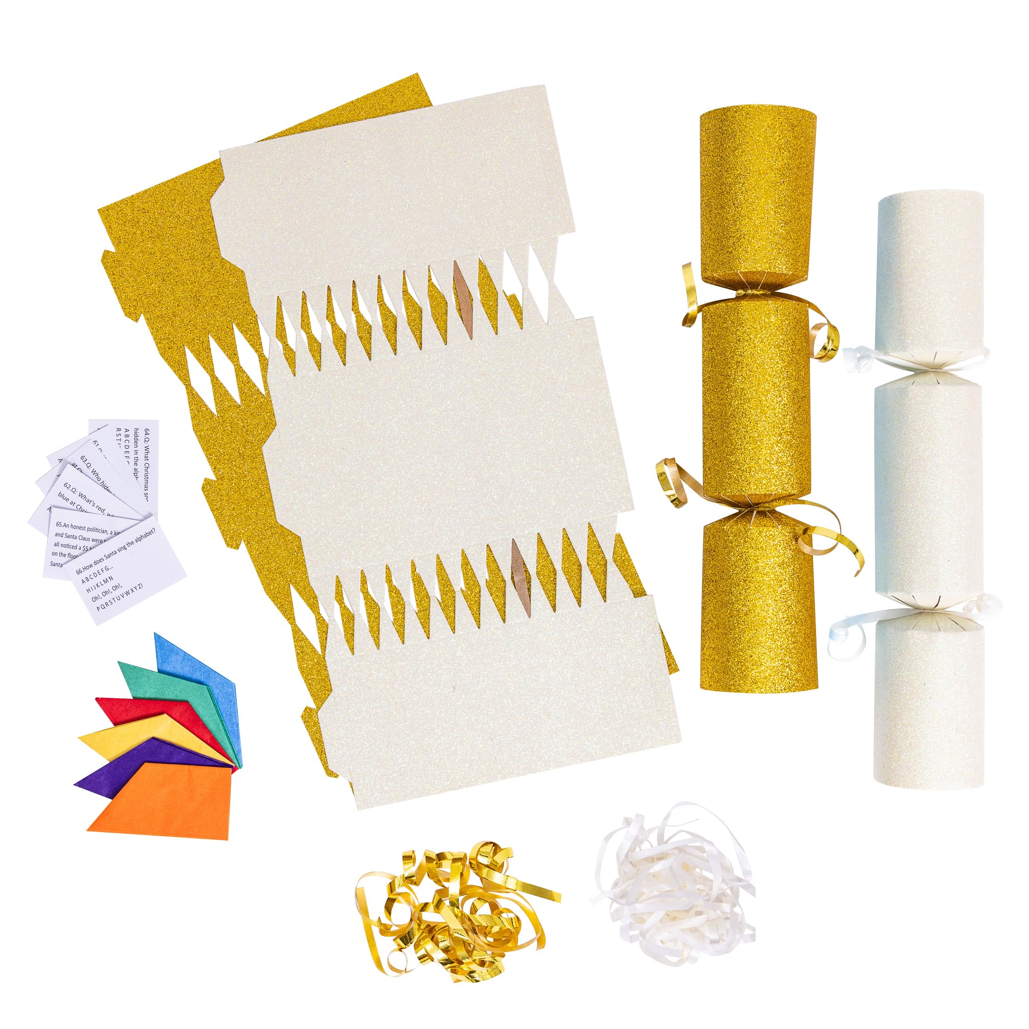 evelay 12 Make Your Own Christmas Cracker Kit DIY Cream & Gold Glitter Crackers Hats Snaps Jokes (Cream, Gold)