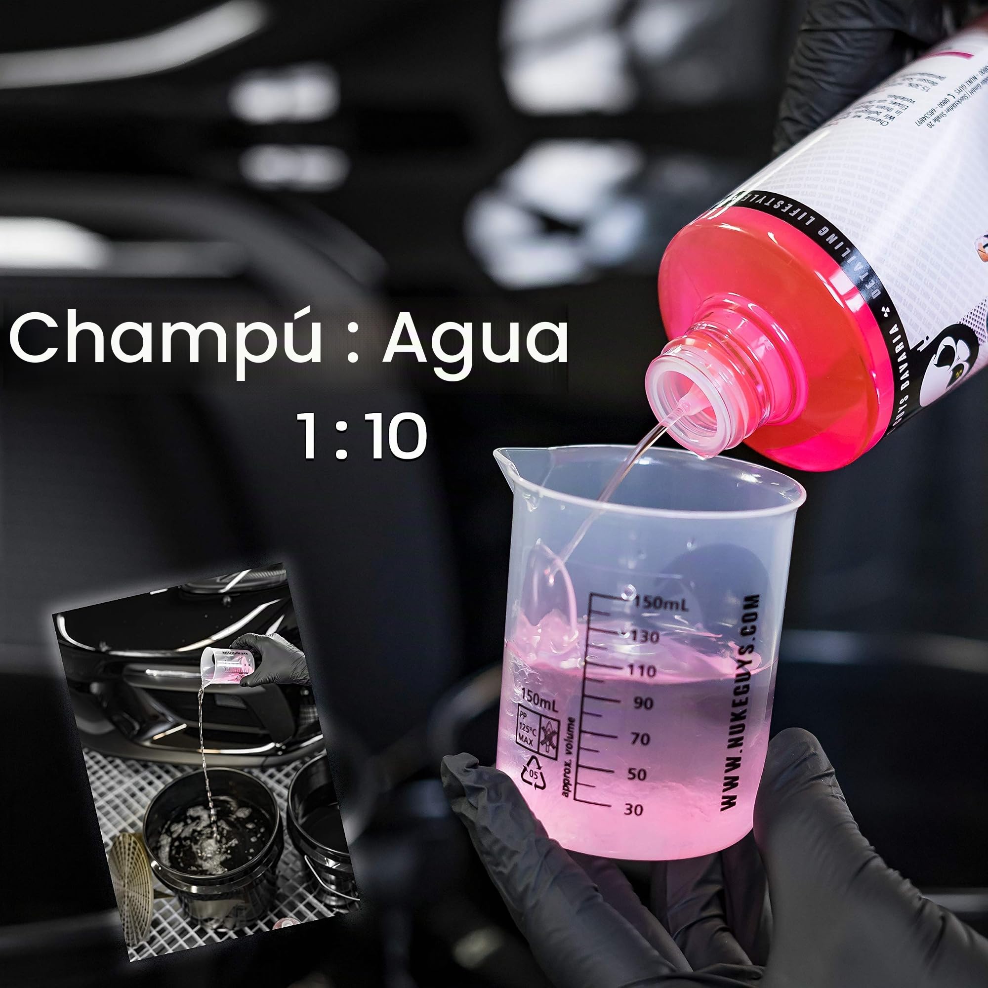 Nuke Guys Juego de 2 cubos de lavado para el cuidado del coche: champú para coche Pink Cherry, 500 ml + 2 cubos de lavado GritGuard Used Look Edition 3,5 GAL + 2 piezas de limpieza Grit Guard + paños